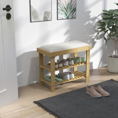 HOMCOM Bamboo Shoe Storage Bench, 3-Tier Entryway Bench with Cushion, Shoe Organizer for Entryway, Hallway, Natural