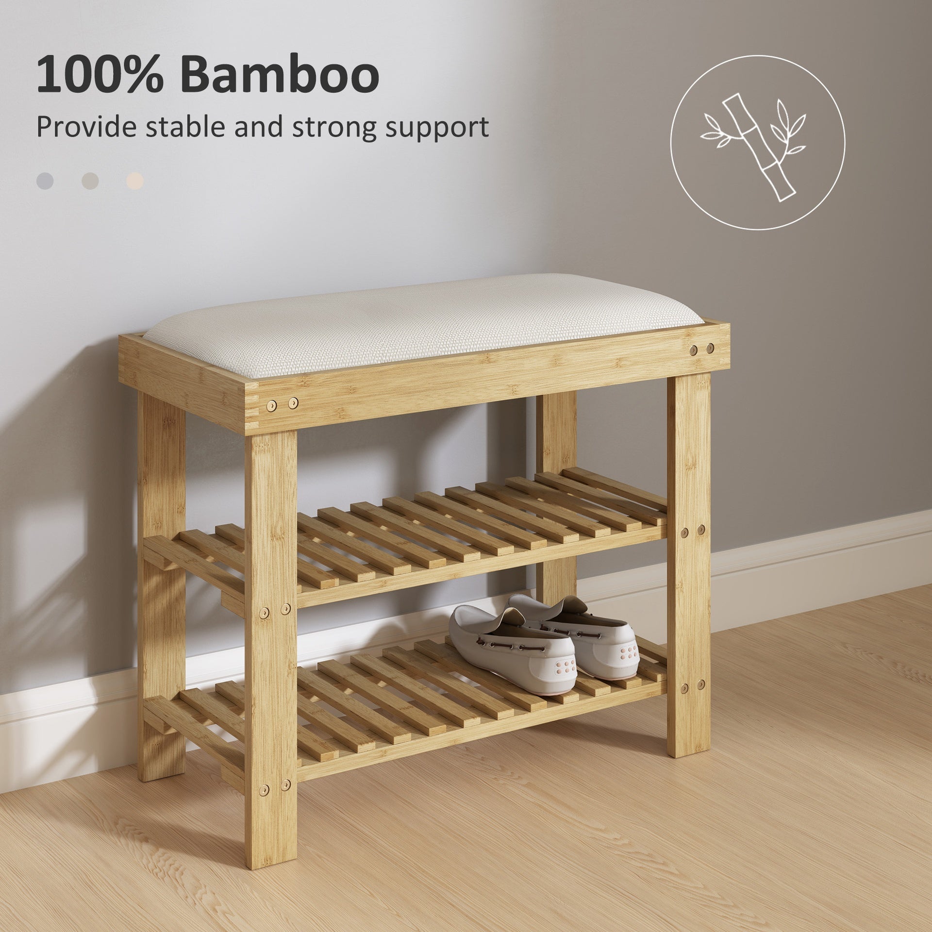 HOMCOM Bamboo Shoe Storage Bench, 3-Tier Entryway Bench with Cushion, Shoe Organizer for Entryway, Hallway, Natural