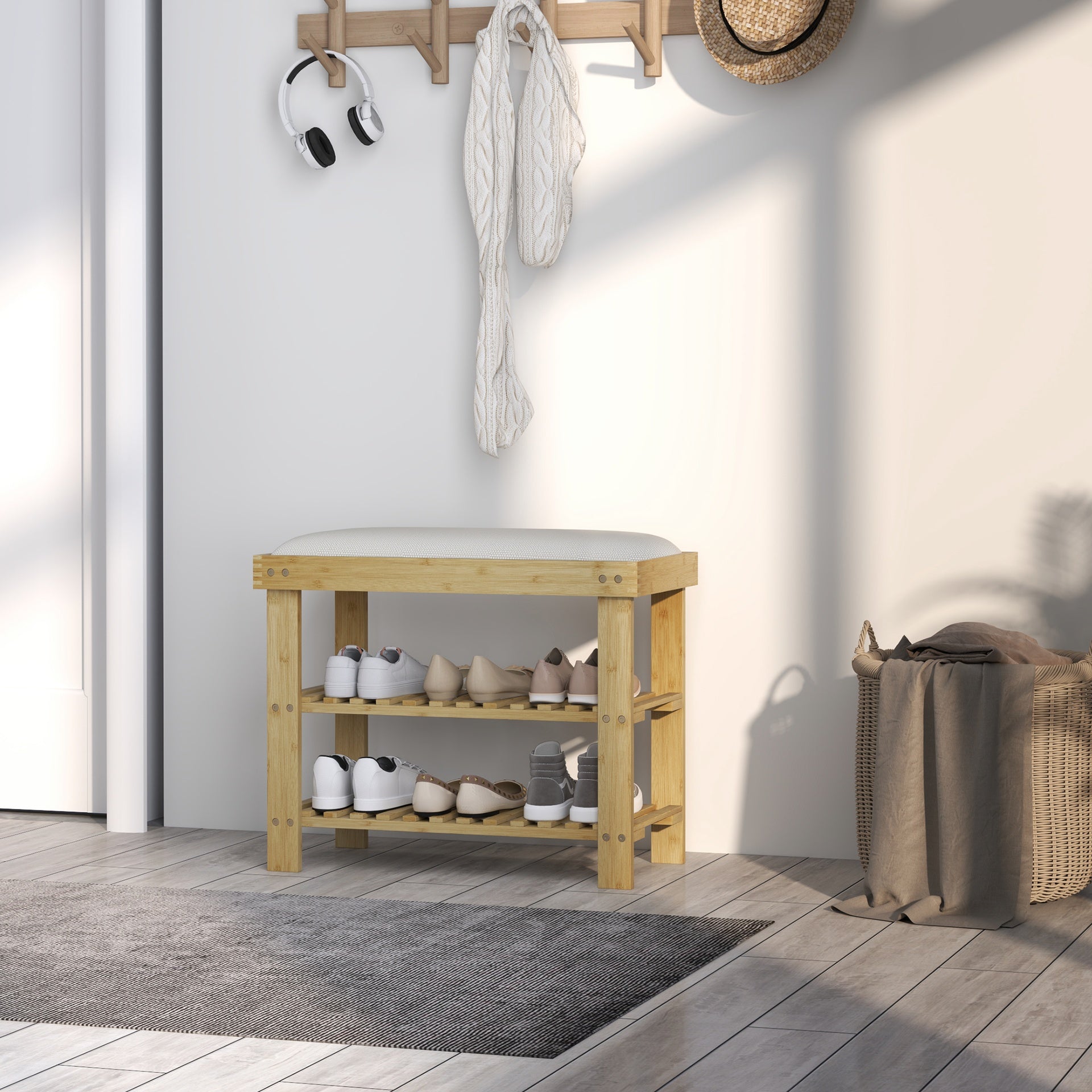 HOMCOM Bamboo Shoe Storage Bench, 3-Tier Entryway Bench with Cushion, Shoe Organizer for Entryway, Hallway, Natural