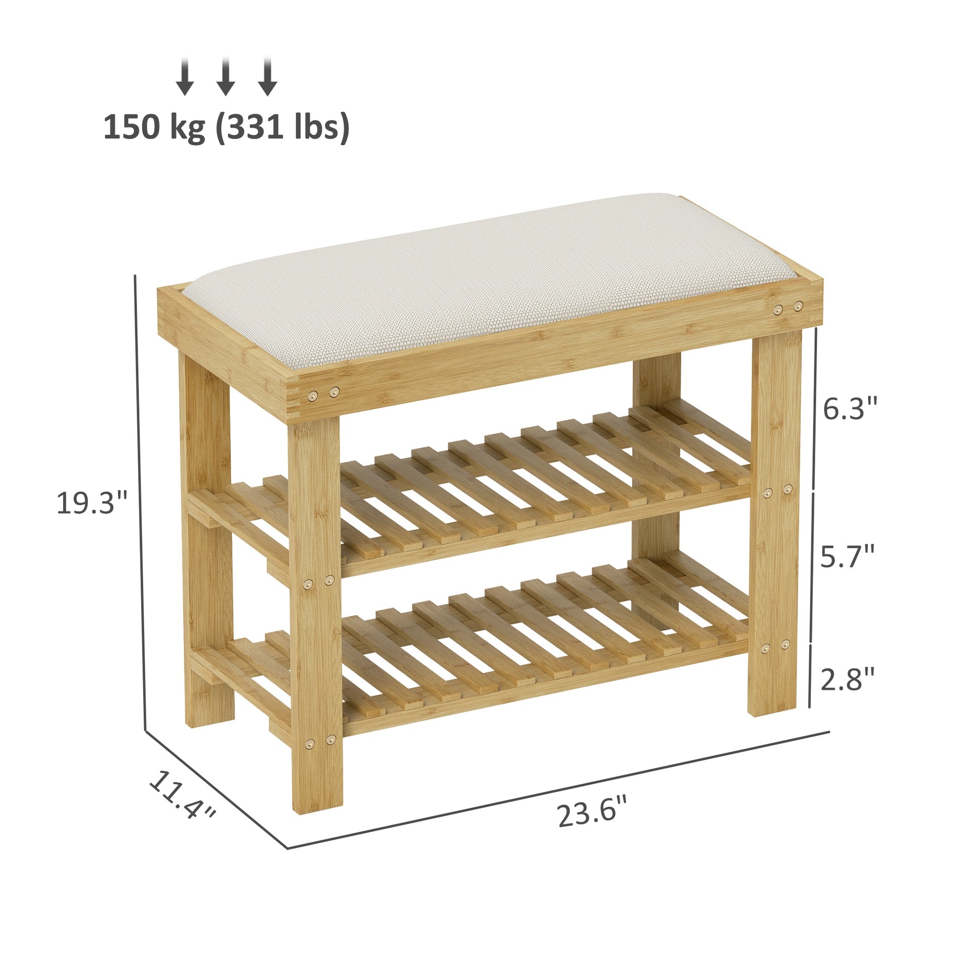 HOMCOM Bamboo Shoe Storage Bench, 3-Tier Entryway Bench with Cushion, Shoe Organizer for Entryway, Hallway, Natural