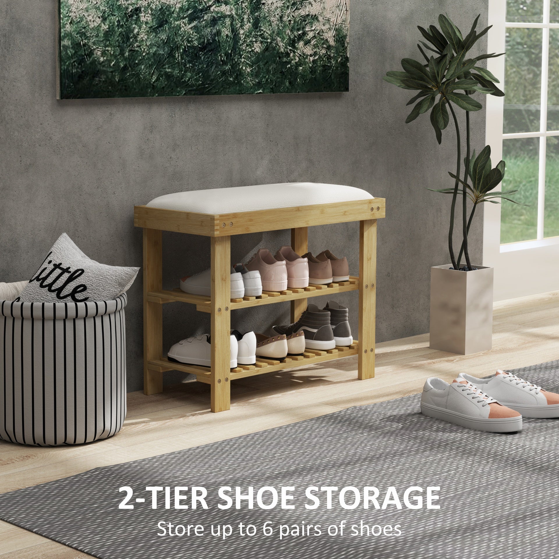 HOMCOM Bamboo Shoe Storage Bench, 3-Tier Entryway Bench with Cushion, Shoe Organizer for Entryway, Hallway, Natural