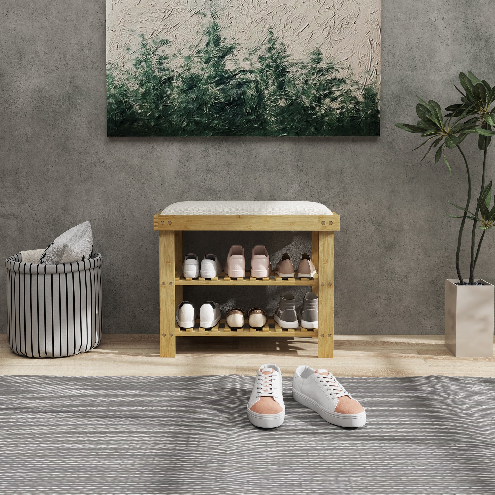 HOMCOM Bamboo Shoe Storage Bench, 3-Tier Entryway Bench with Cushion, Shoe Organizer for Entryway, Hallway, Natural