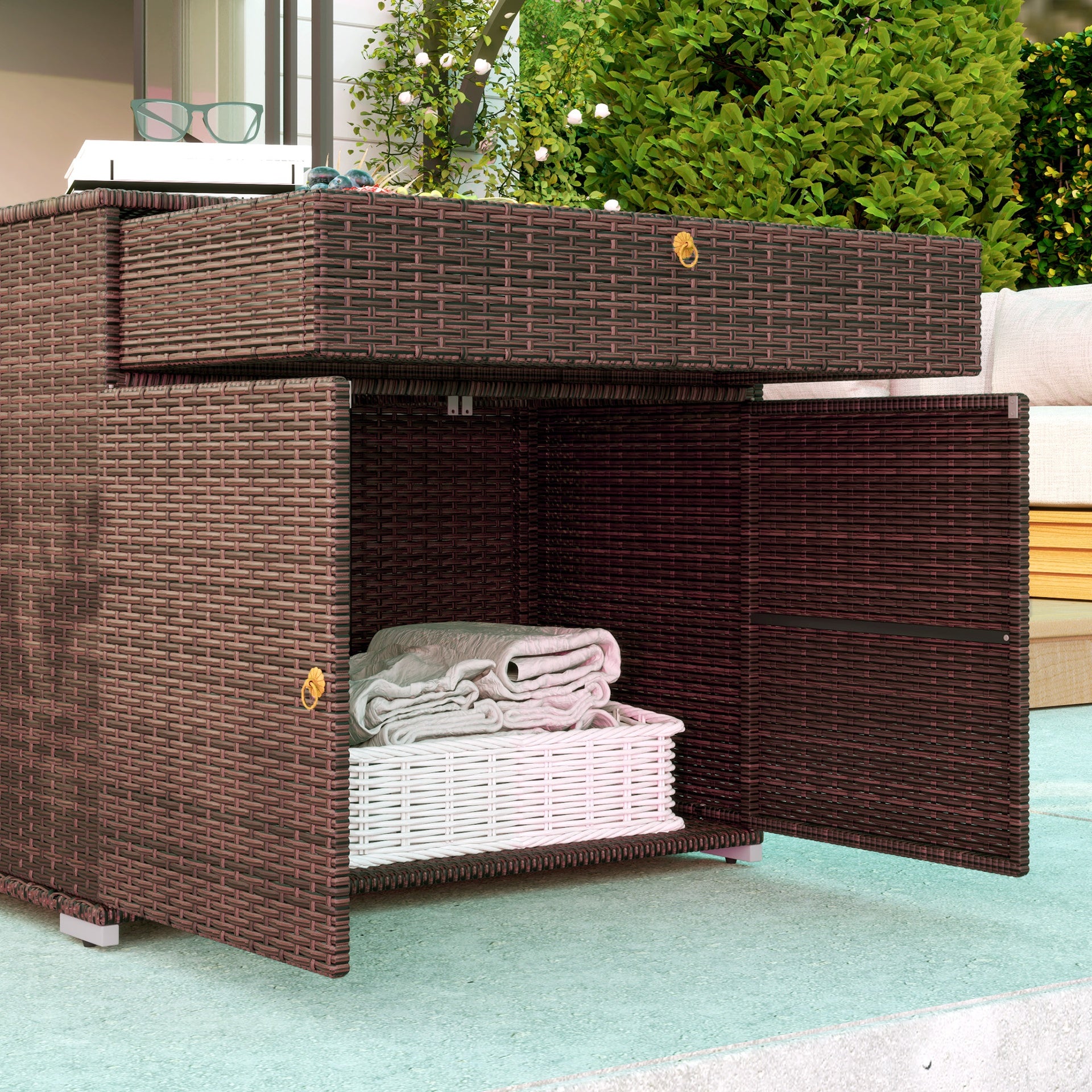 Outsunny Outdoor Storage Cabinet, Waterproof PE Rattan Cabinet with Drawer for Indoor, Outdoor Swimming Pool, Mixed Brown