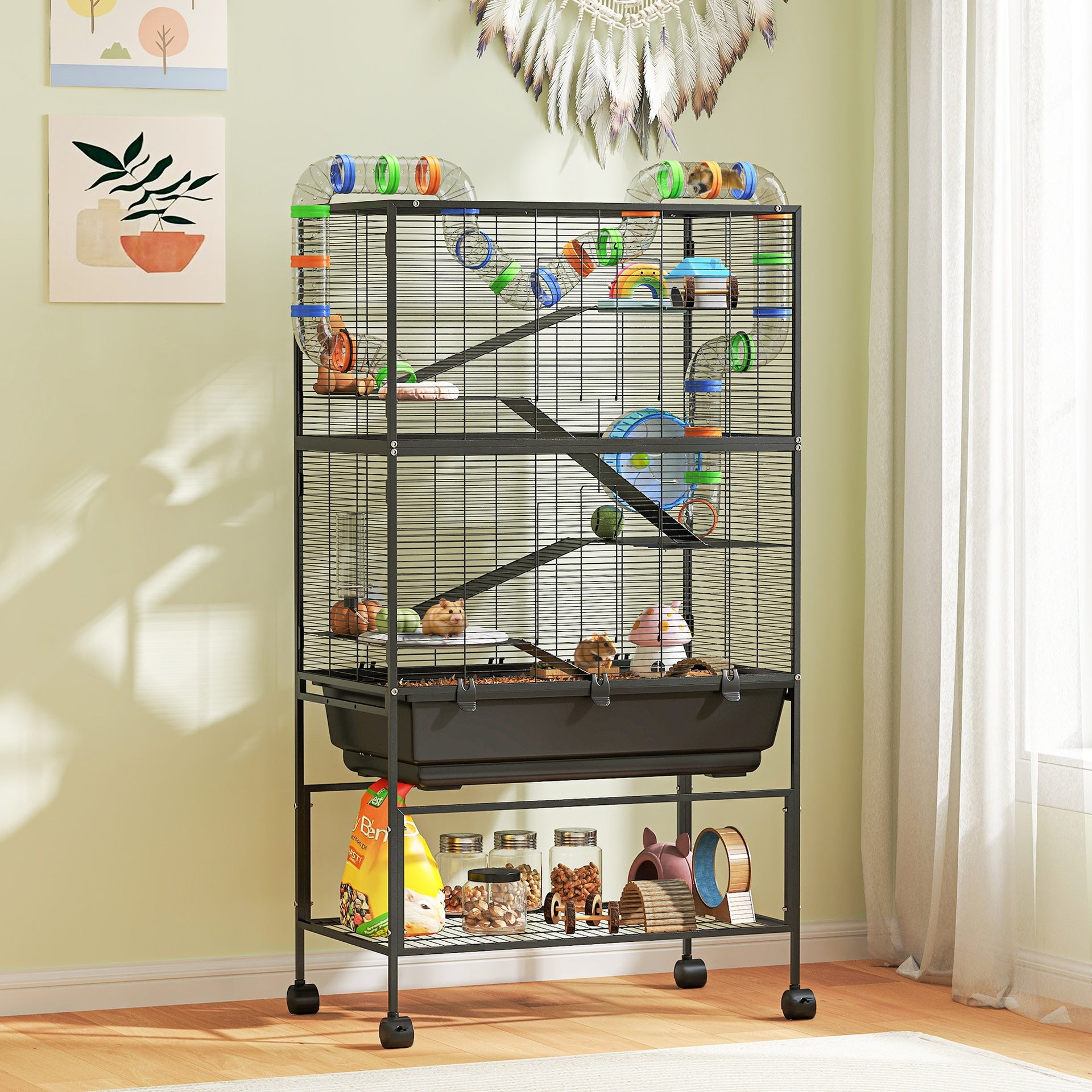 PawHut 5 Tier Hamster Cage, Rolling Rat Cage with Deep Tray, Storage Shelf, Big Exercise Wheel, Hut, Tube System