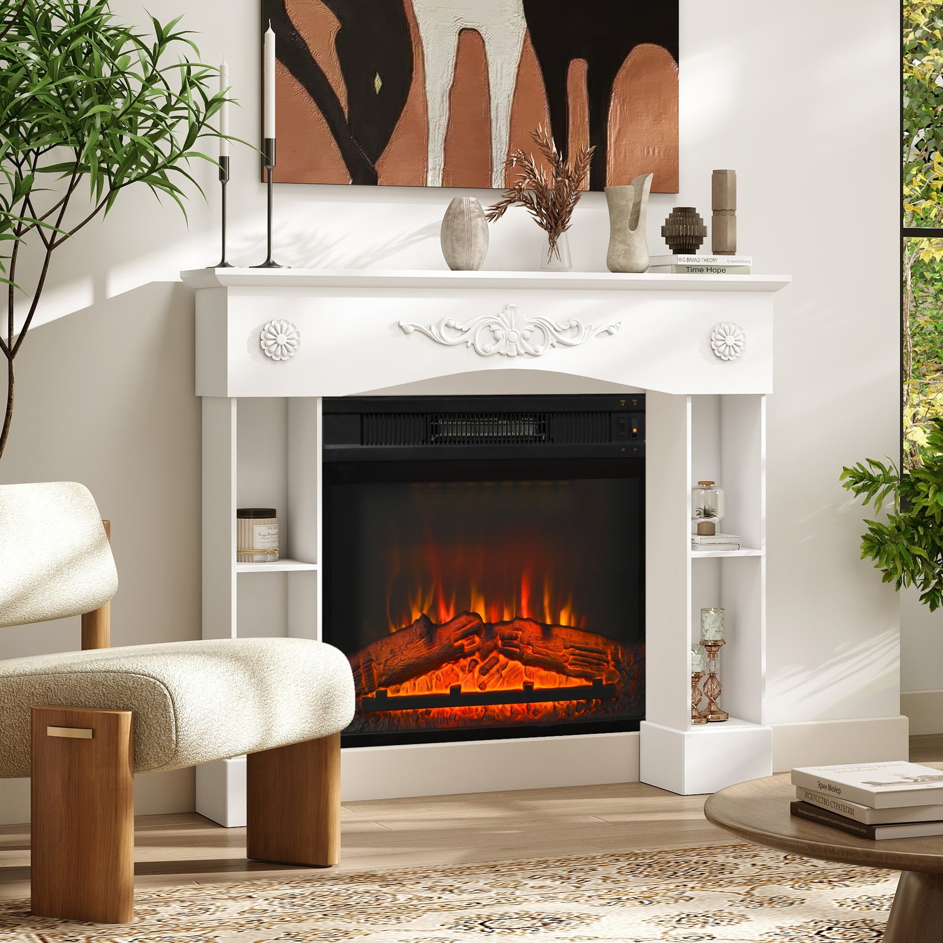 HOMCOM Baroque Fireplace Mantel, Freestanding Fireplace Surround with Leg for Electric Fireplaces, 45.3" W x 39.4" H, White