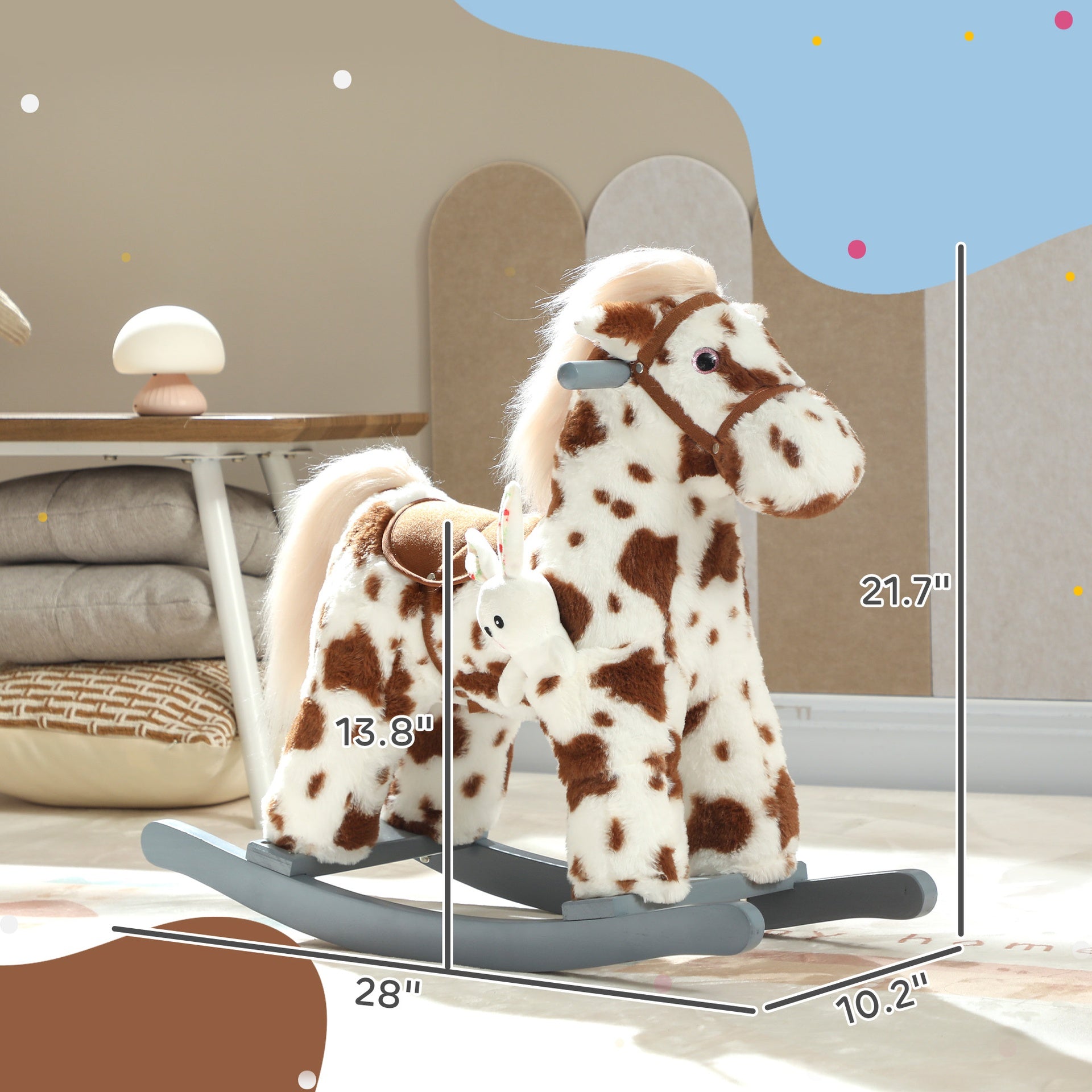 Qaba Rocking Horse, Animal Rocker with Rabbit Toy and Realistic Neigh for Toddlers, Soft Filling Ride on Pony, Brown