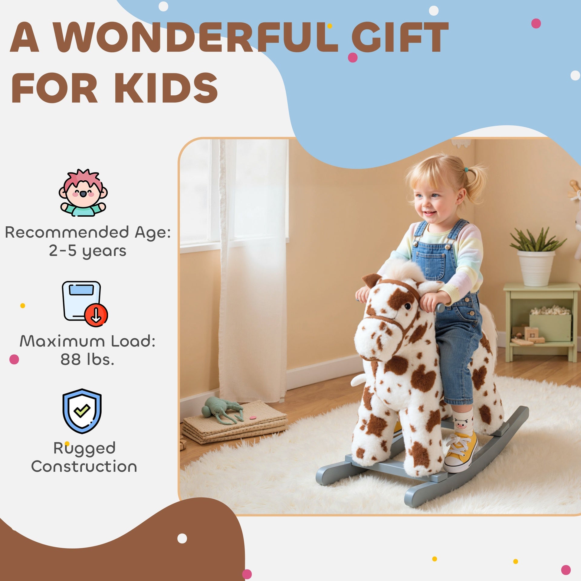 Qaba Rocking Horse, Animal Rocker with Rabbit Toy and Realistic Neigh for Toddlers, Soft Filling Ride on Pony, Brown