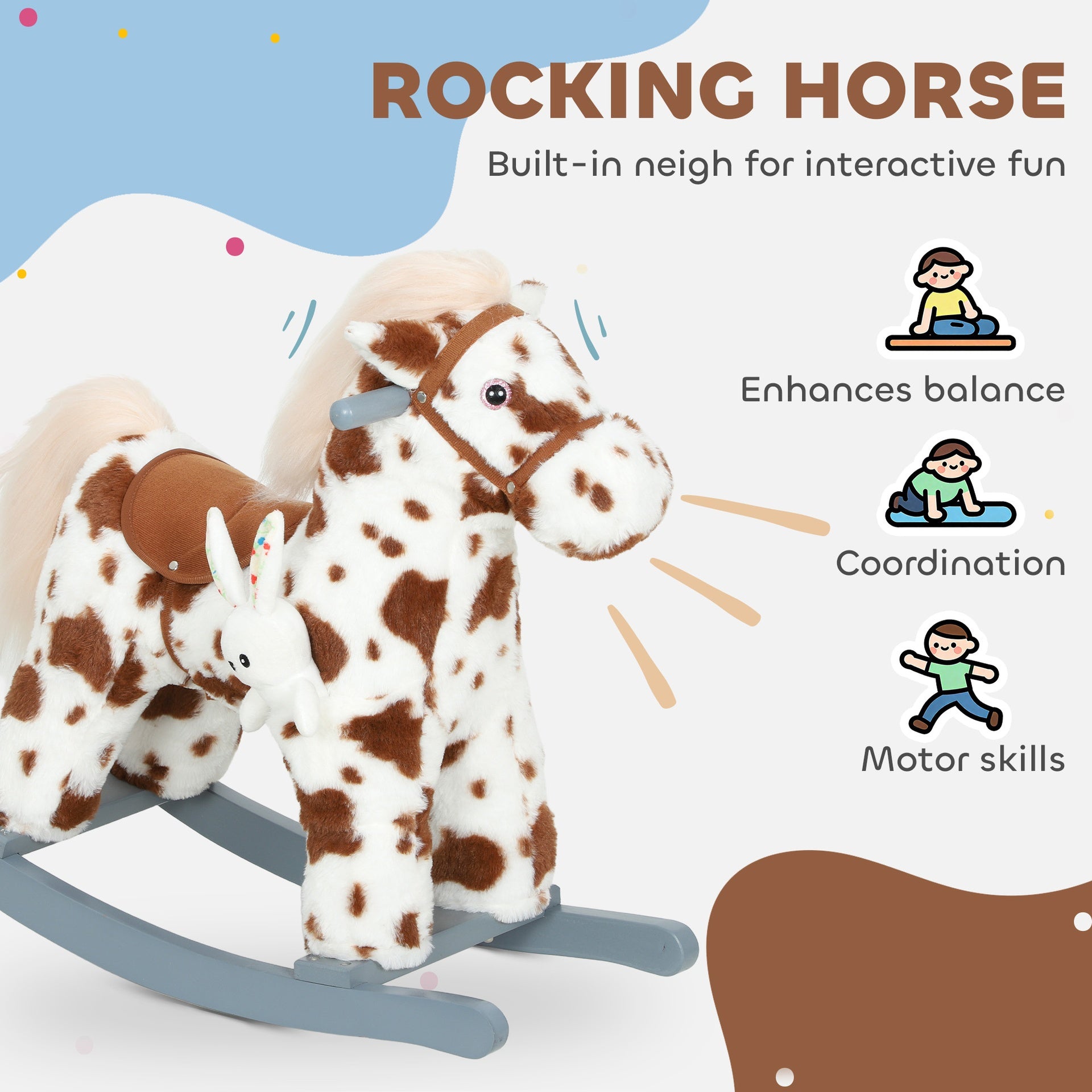 Qaba Rocking Horse, Animal Rocker with Rabbit Toy and Realistic Neigh for Toddlers, Soft Filling Ride on Pony, Brown