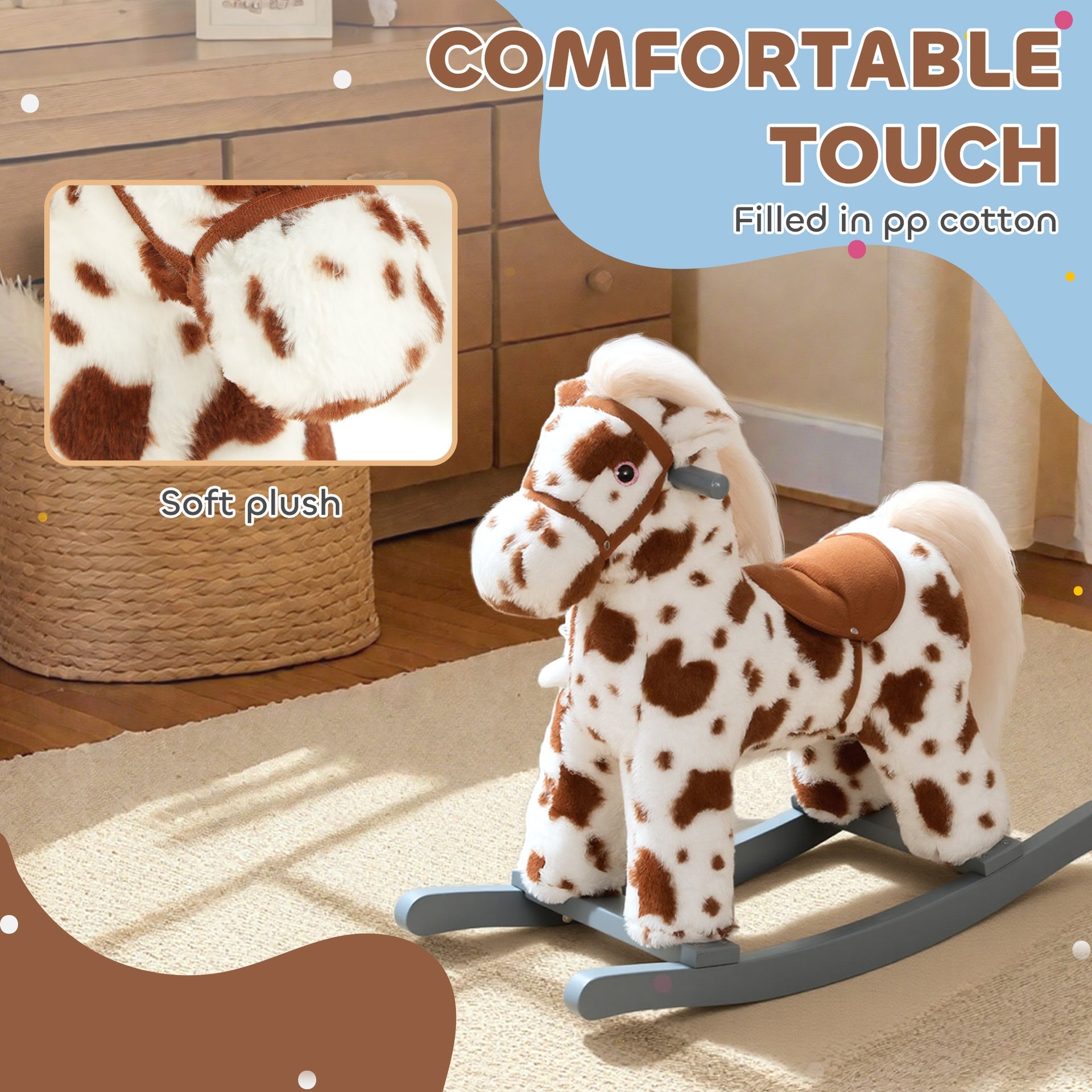 Qaba Rocking Horse, Animal Rocker with Rabbit Toy and Realistic Neigh for Toddlers, Soft Filling Ride on Pony, Brown