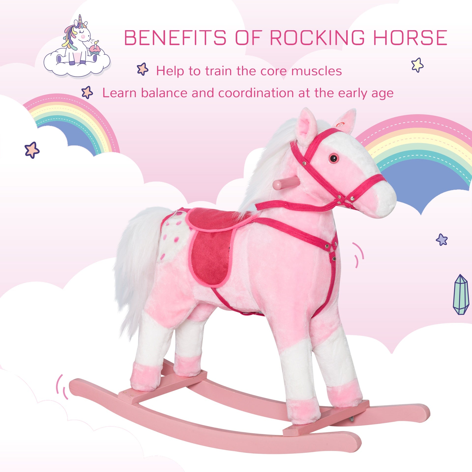 Qaba Kids Plush Toy Rocking Horse Pony Toddler Ride on Animal Rocker with Realistic Sounds, Birthday Gifts for Girls, Pink