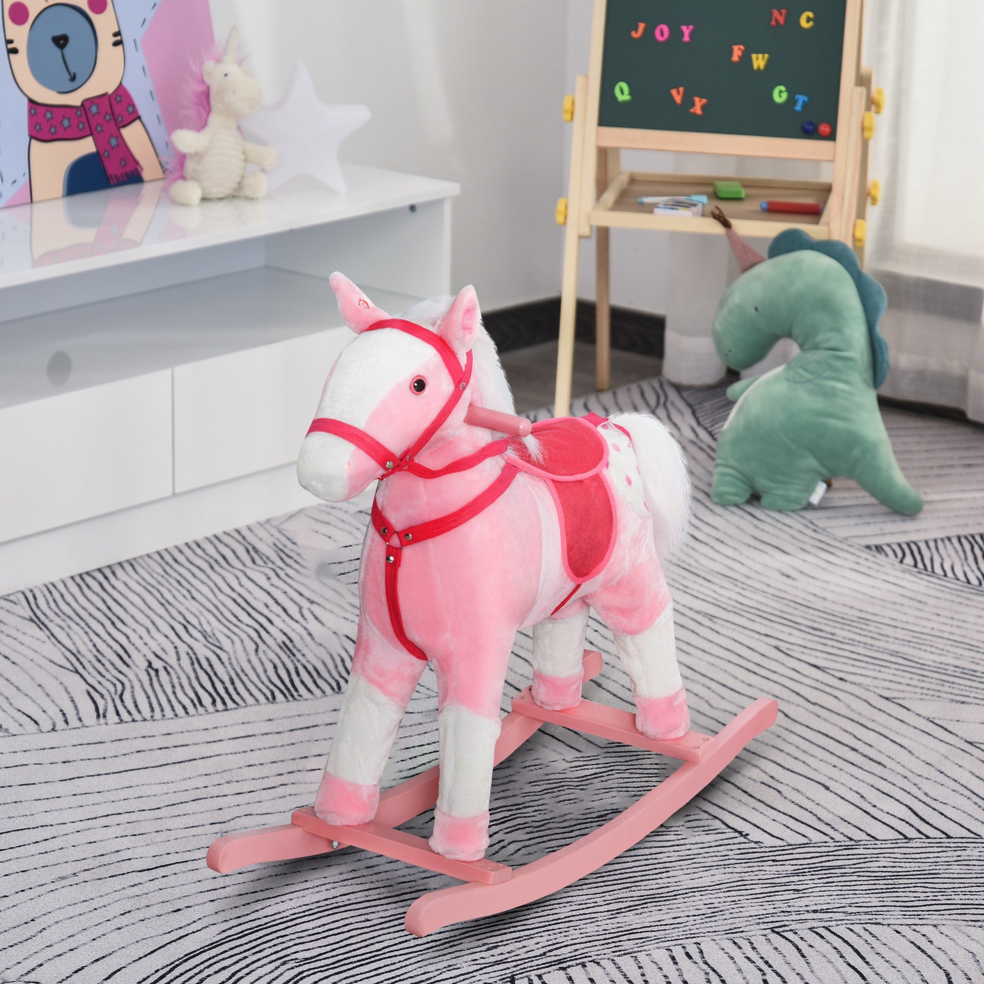 Qaba Kids Plush Toy Rocking Horse Pony Toddler Ride on Animal Rocker with Realistic Sounds, Birthday Gifts for Girls, Pink