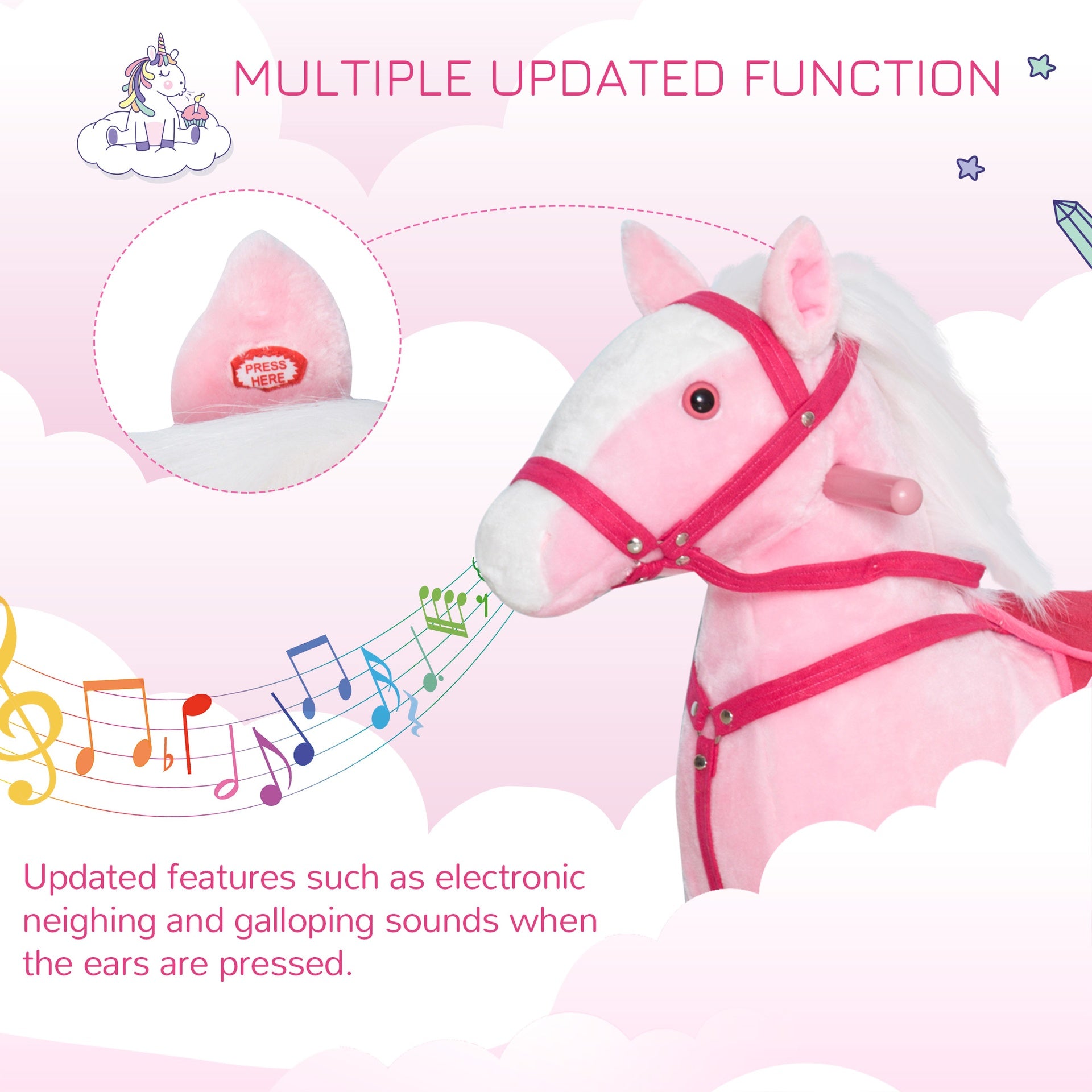 Qaba Kids Plush Toy Rocking Horse Pony Toddler Ride on Animal Rocker with Realistic Sounds, Birthday Gifts for Girls, Pink