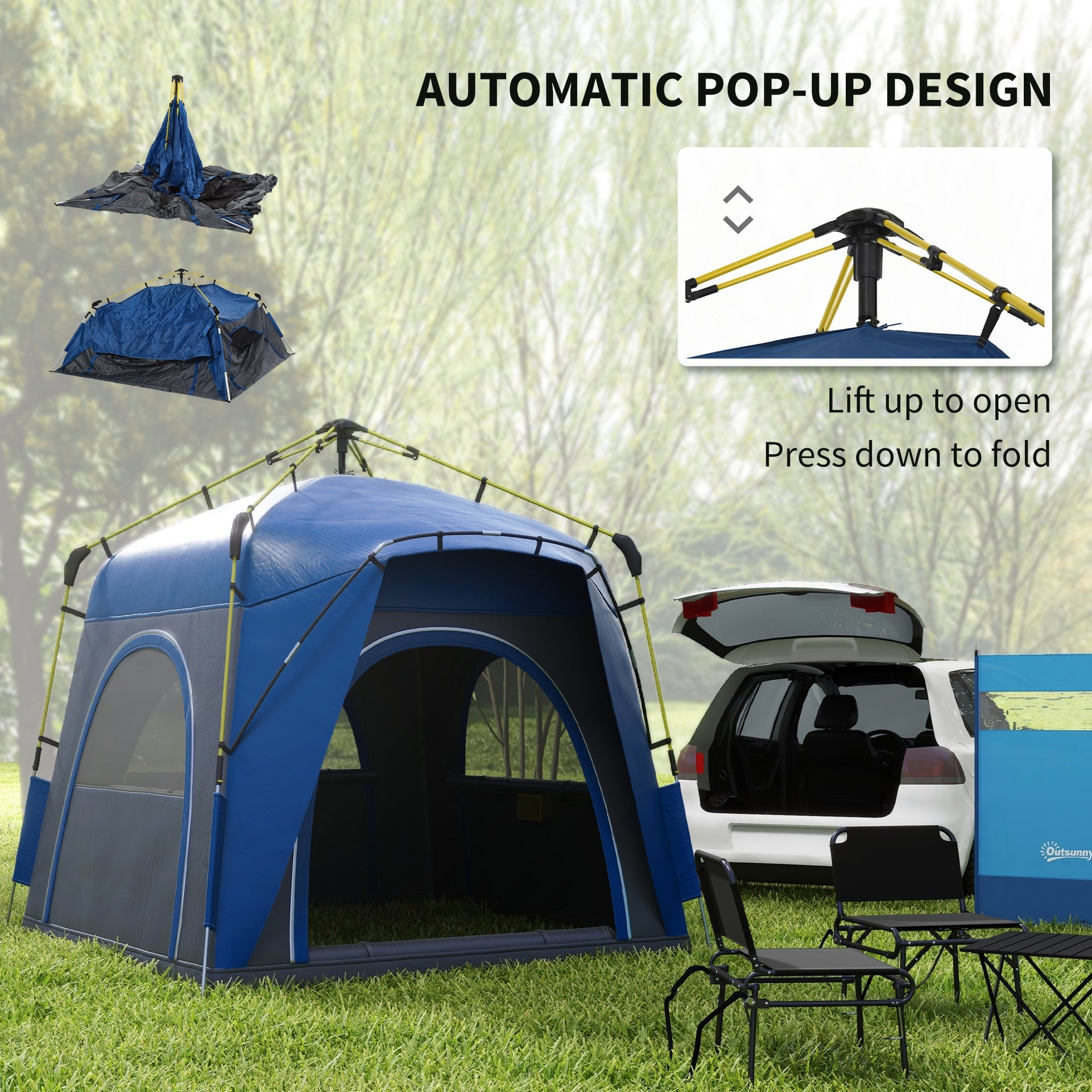 Outsunny 3 Person Pop Up Camping Tent Quick Setup Automatic Hydraulic Family Travel Tent w/ Windows Doors Carry Bag, Blue