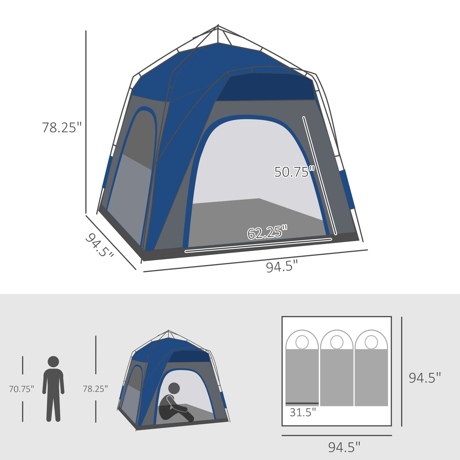 Outsunny 3 Person Pop Up Camping Tent Quick Setup Automatic Hydraulic Family Travel Tent w/ Windows Doors Carry Bag, Blue
