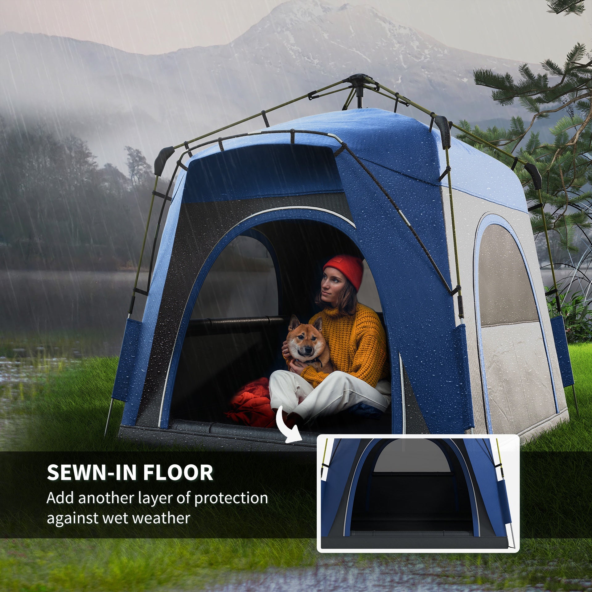 Outsunny 3 Person Pop Up Camping Tent Quick Setup Automatic Hydraulic Family Travel Tent w/ Windows Doors Carry Bag, Blue