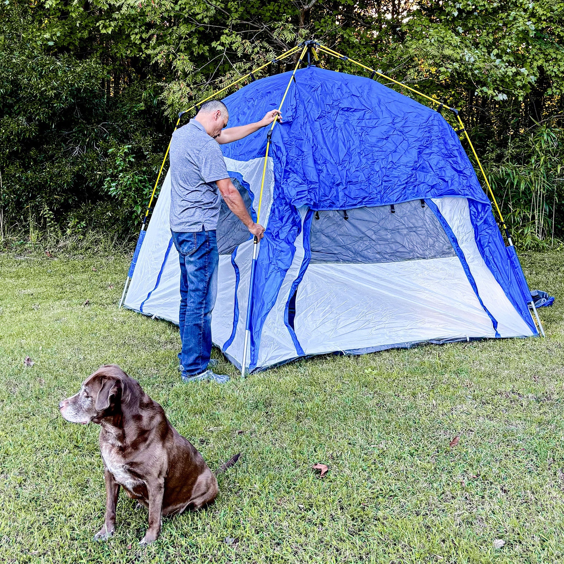 Outsunny 3 Person Pop Up Camping Tent Quick Setup Automatic Hydraulic Family Travel Tent w/ Windows Doors Carry Bag, Blue