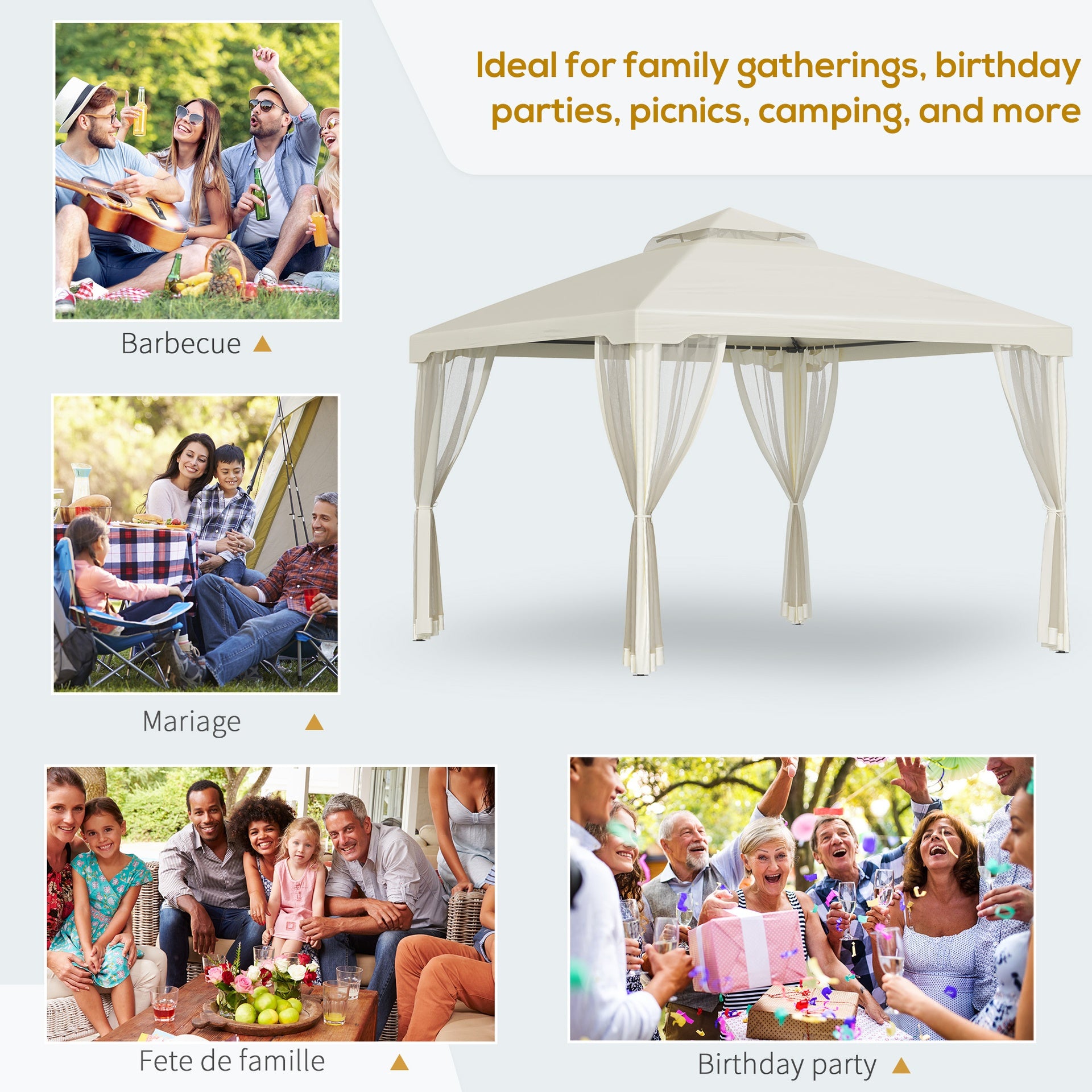 Outsunny 9.6' x 9.6' Patio Gazebo, Outdoor Canopy Shelter with 2-Tier Roof and Netting, Steel Frame for Garden, Lawn, Backyard, and Deck, Cream White