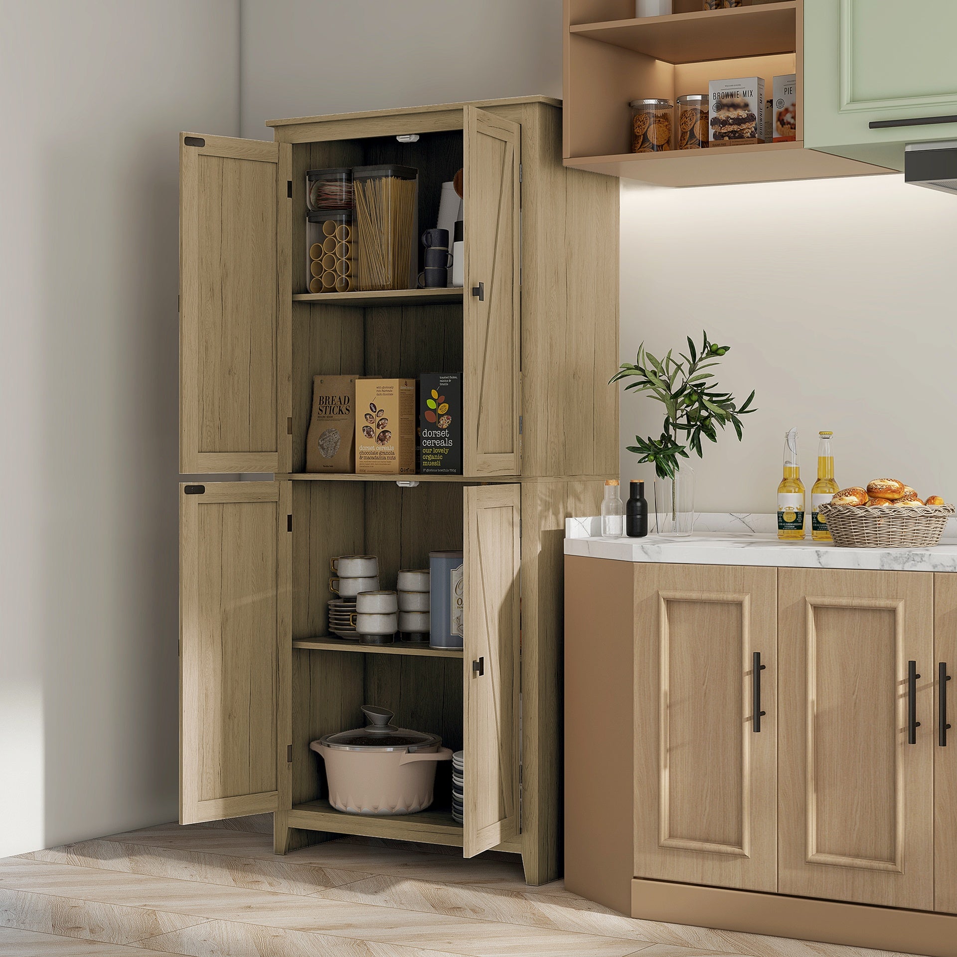 HOMCOM 72" Freestanding Kitchen Pantry Cabinet, Farmhouse Tall Storage Cabinet with 4 Door Cabinets and Adjustable Shelves for Dining Room, Natural