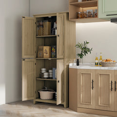 HOMCOM 72" Freestanding Kitchen Pantry Cabinet, Farmhouse Tall Storage Cabinet with 4 Door Cabinets and Adjustable Shelves for Dining Room, Natural