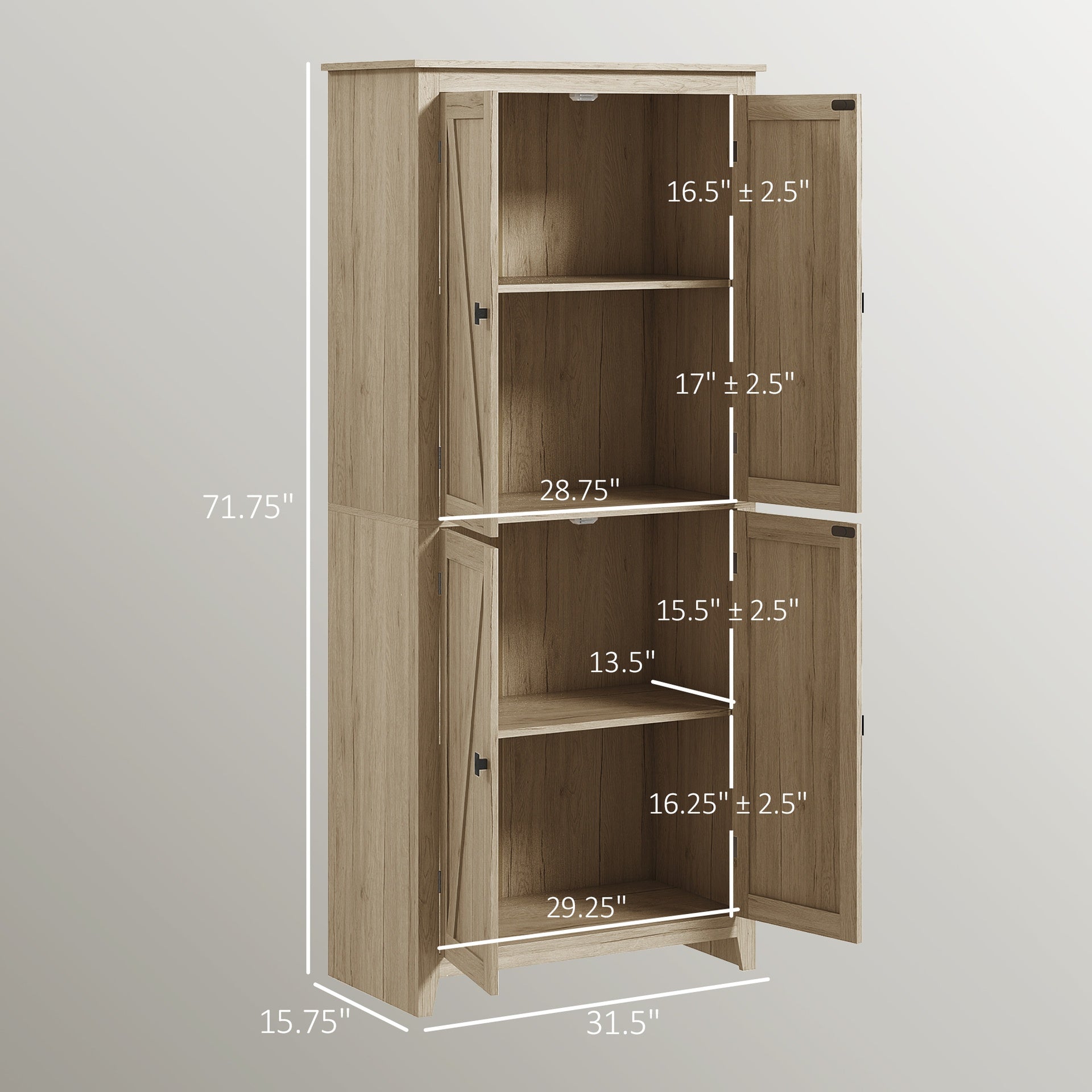 HOMCOM 72" Freestanding Kitchen Pantry Cabinet, Farmhouse Tall Storage Cabinet with 4 Door Cabinets and Adjustable Shelves for Dining Room, Natural