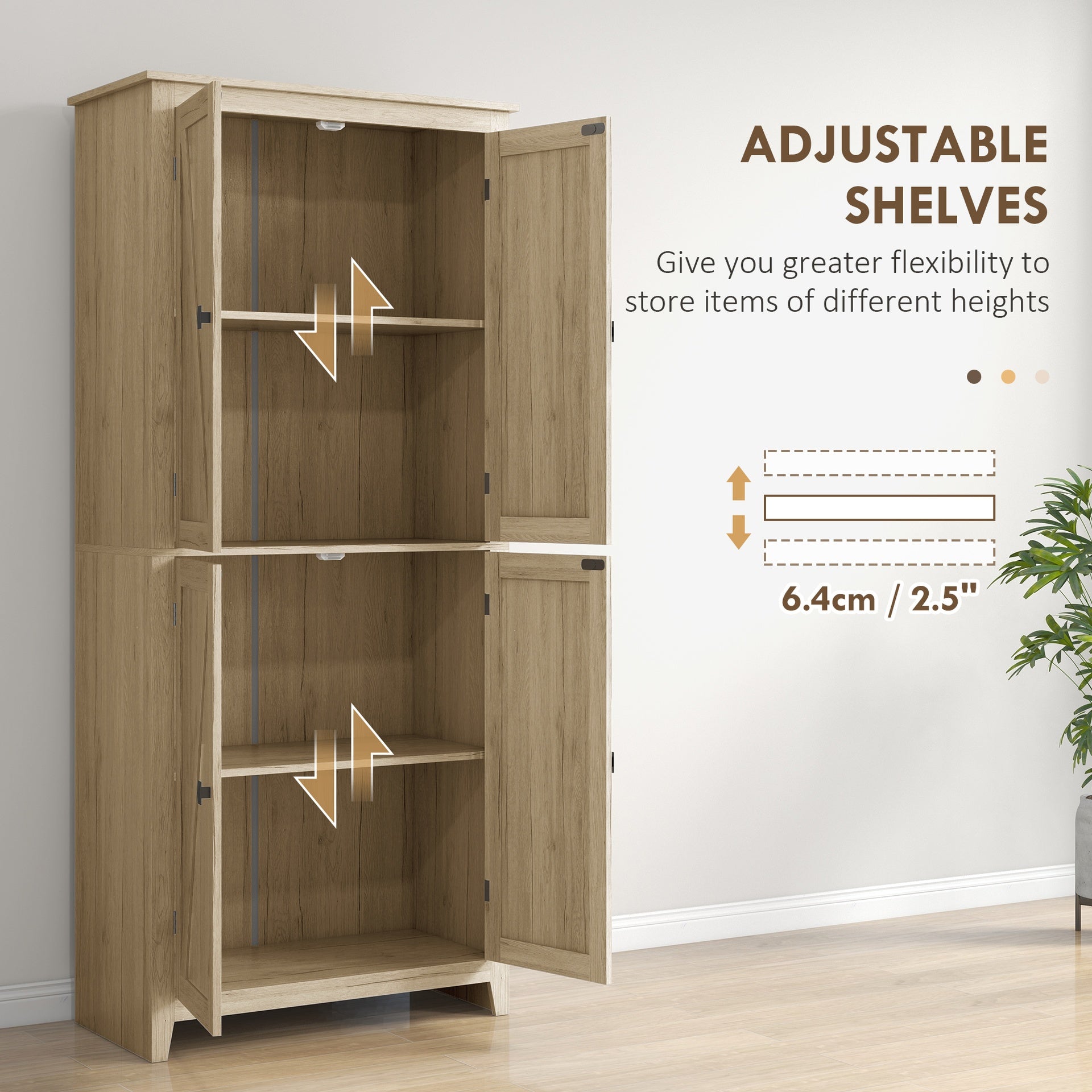 HOMCOM 72" Freestanding Kitchen Pantry Cabinet, Farmhouse Tall Storage Cabinet with 4 Door Cabinets and Adjustable Shelves for Dining Room, Natural