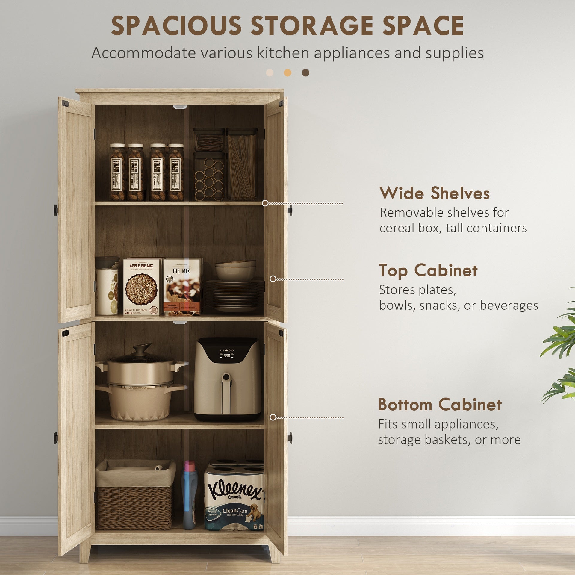 HOMCOM 72" Freestanding Kitchen Pantry Cabinet, Farmhouse Tall Storage Cabinet with 4 Door Cabinets and Adjustable Shelves for Dining Room, Natural