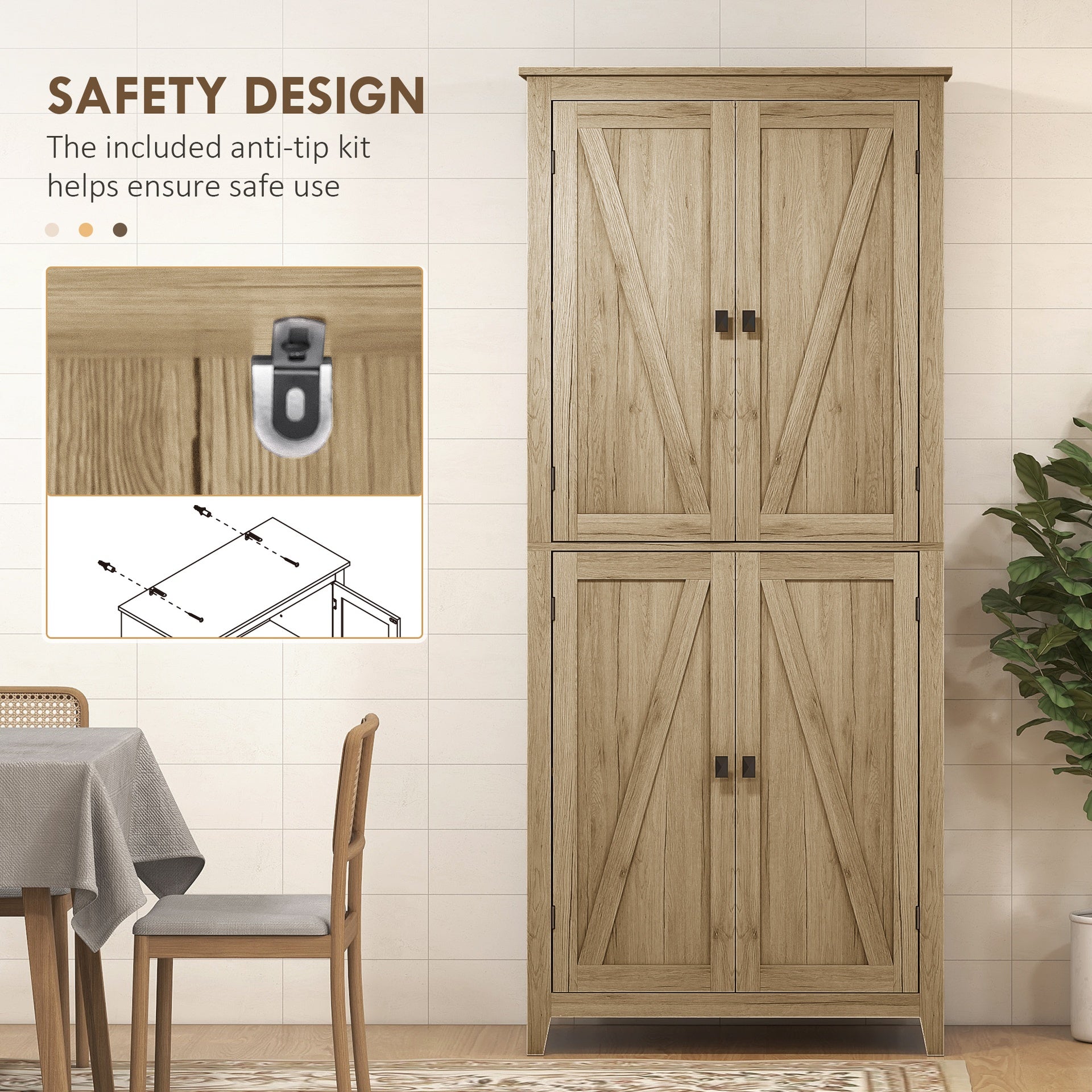 HOMCOM 72" Freestanding Kitchen Pantry Cabinet, Farmhouse Tall Storage Cabinet with 4 Door Cabinets and Adjustable Shelves for Dining Room, Natural