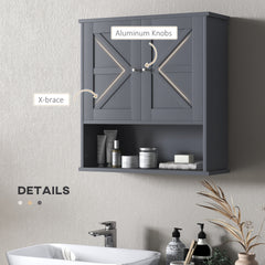 kleankin Farmhouse Bathroom Medicine Cabinet, Wall Cabinet with Barn Doors and Adjustable Shelf for Laundry Room, Gray