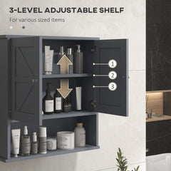 kleankin Farmhouse Bathroom Medicine Cabinet, Wall Cabinet with Barn Doors and Adjustable Shelf for Laundry Room, Gray