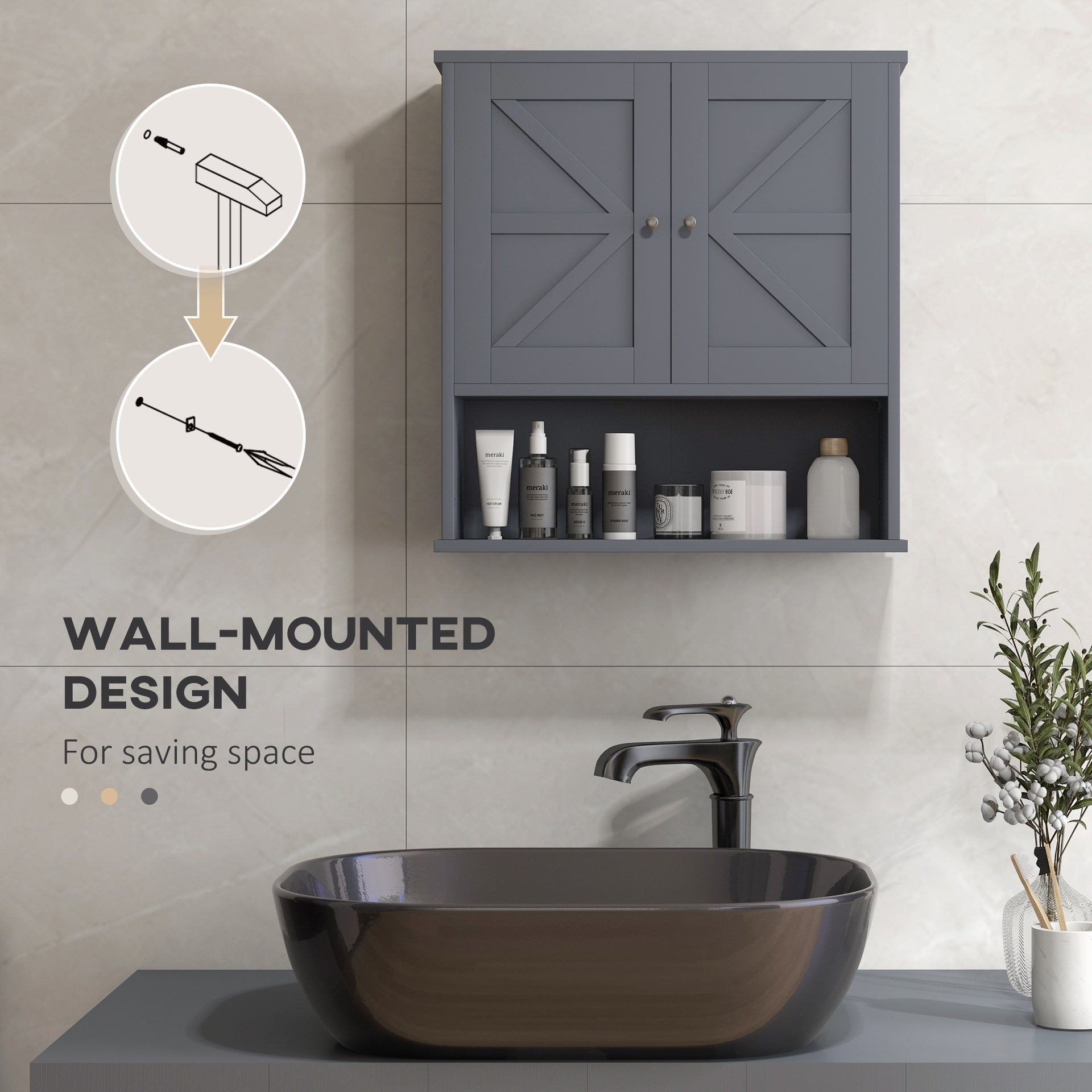 kleankin Farmhouse Bathroom Medicine Cabinet, Wall Cabinet with Barn Doors and Adjustable Shelf for Laundry Room, Gray