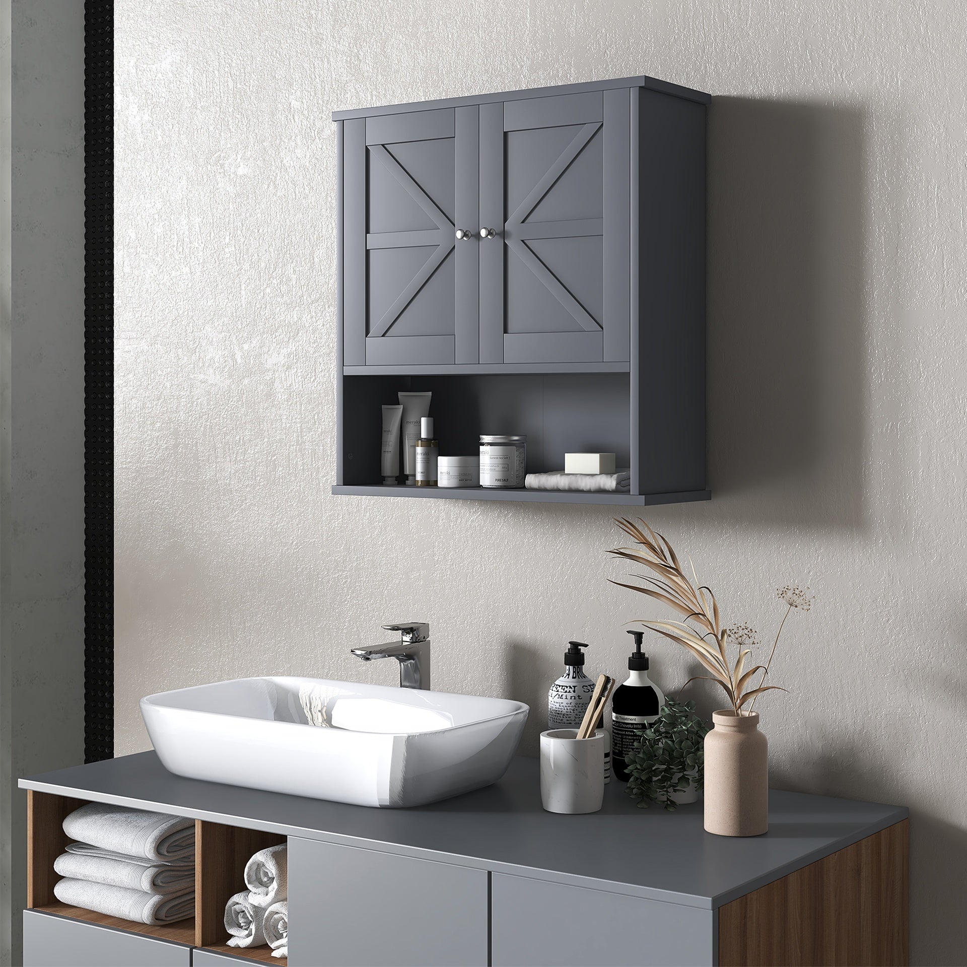 kleankin Farmhouse Bathroom Medicine Cabinet, Wall Cabinet with Barn Doors and Adjustable Shelf for Laundry Room, Gray