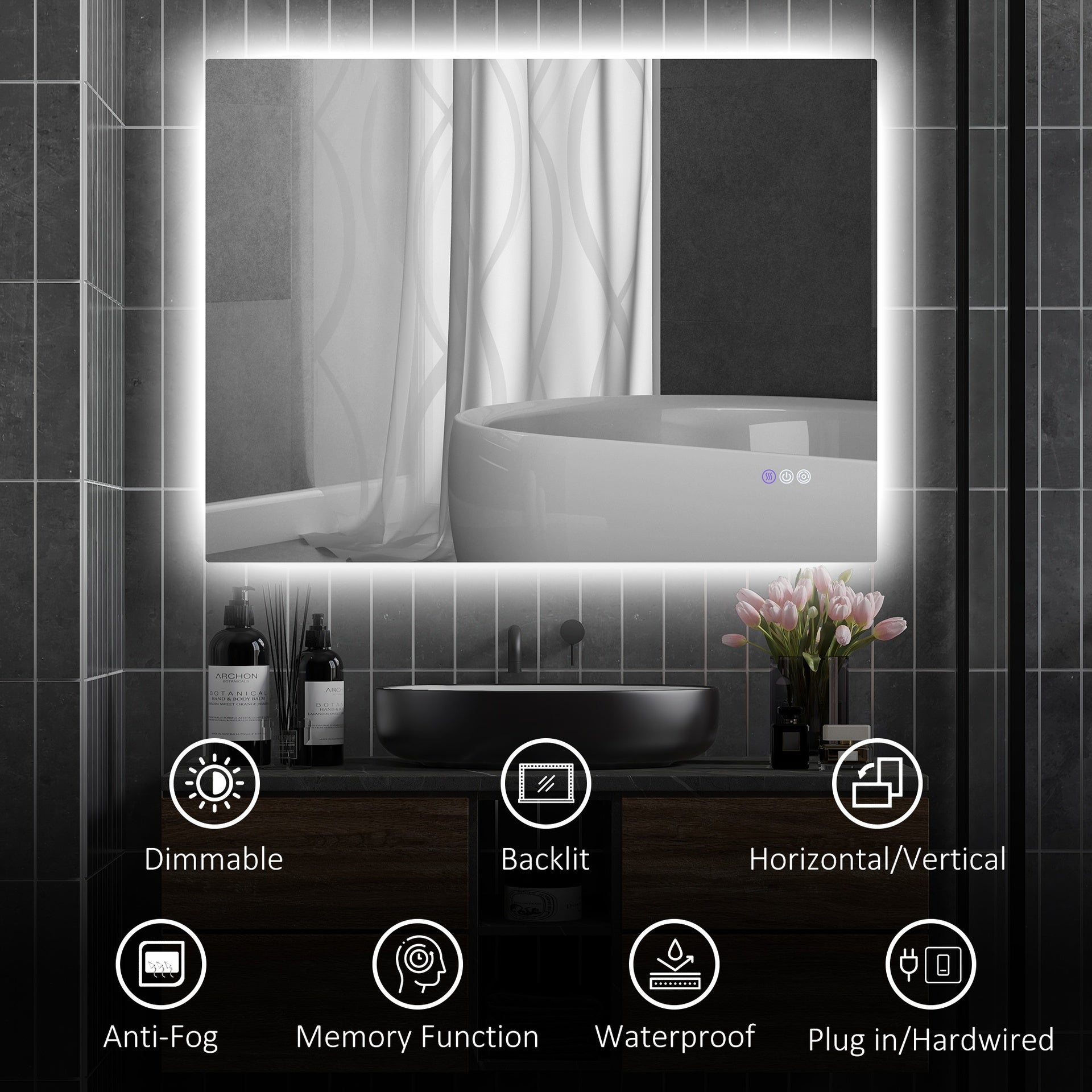 HOMCOM Dimmable Bathroom Mirror with Lights, 37" x 35" Backlit LED Mirror w/ Anti-Fog, Memory & Infinite Color Temperature