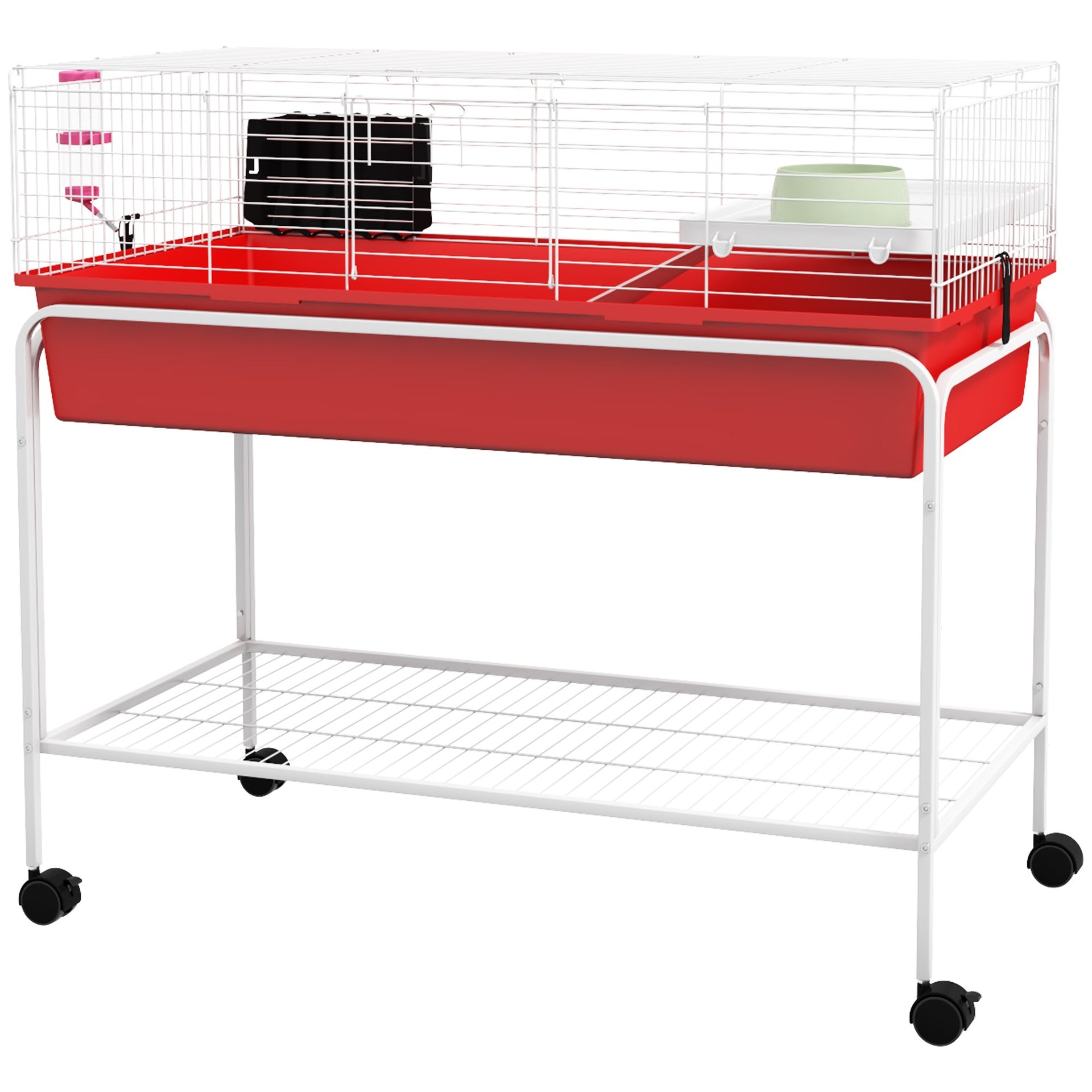 PawHut Two-Story Small Animal Cage Removable from Stand, Pet Habitat with Shelf & Wheels, 39" x 20.5" x 36.5", Red