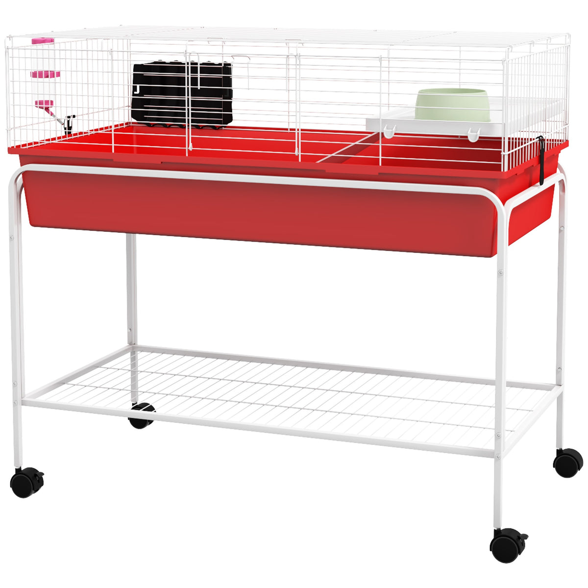 PawHut Two-Story Small Animal Cage Removable from Stand, Pet Habitat with Shelf & Wheels, 39" x 20.5" x 36.5", Red