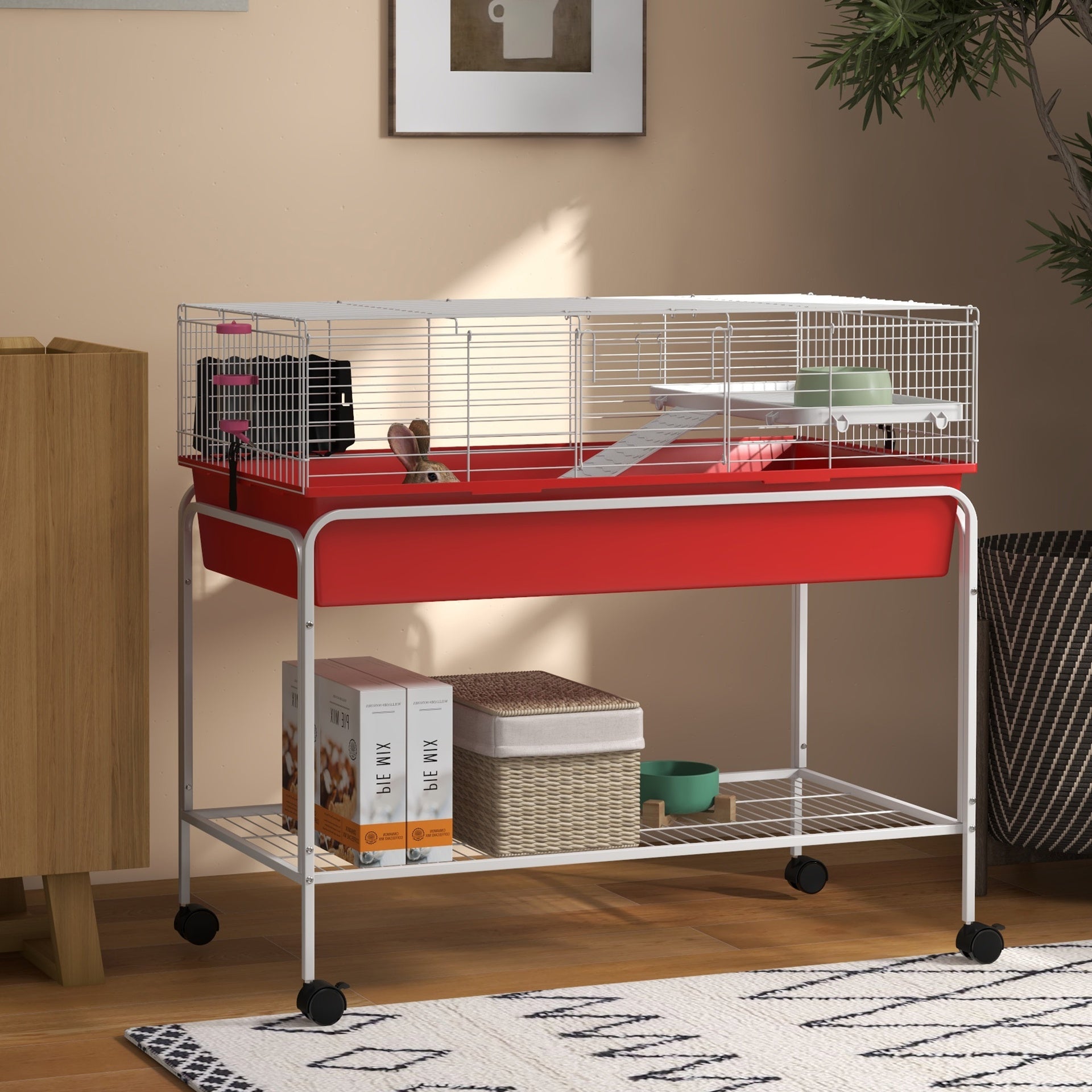 PawHut Two-Story Small Animal Cage Removable from Stand, Pet Habitat with Shelf & Wheels, 39" x 20.5" x 36.5", Red