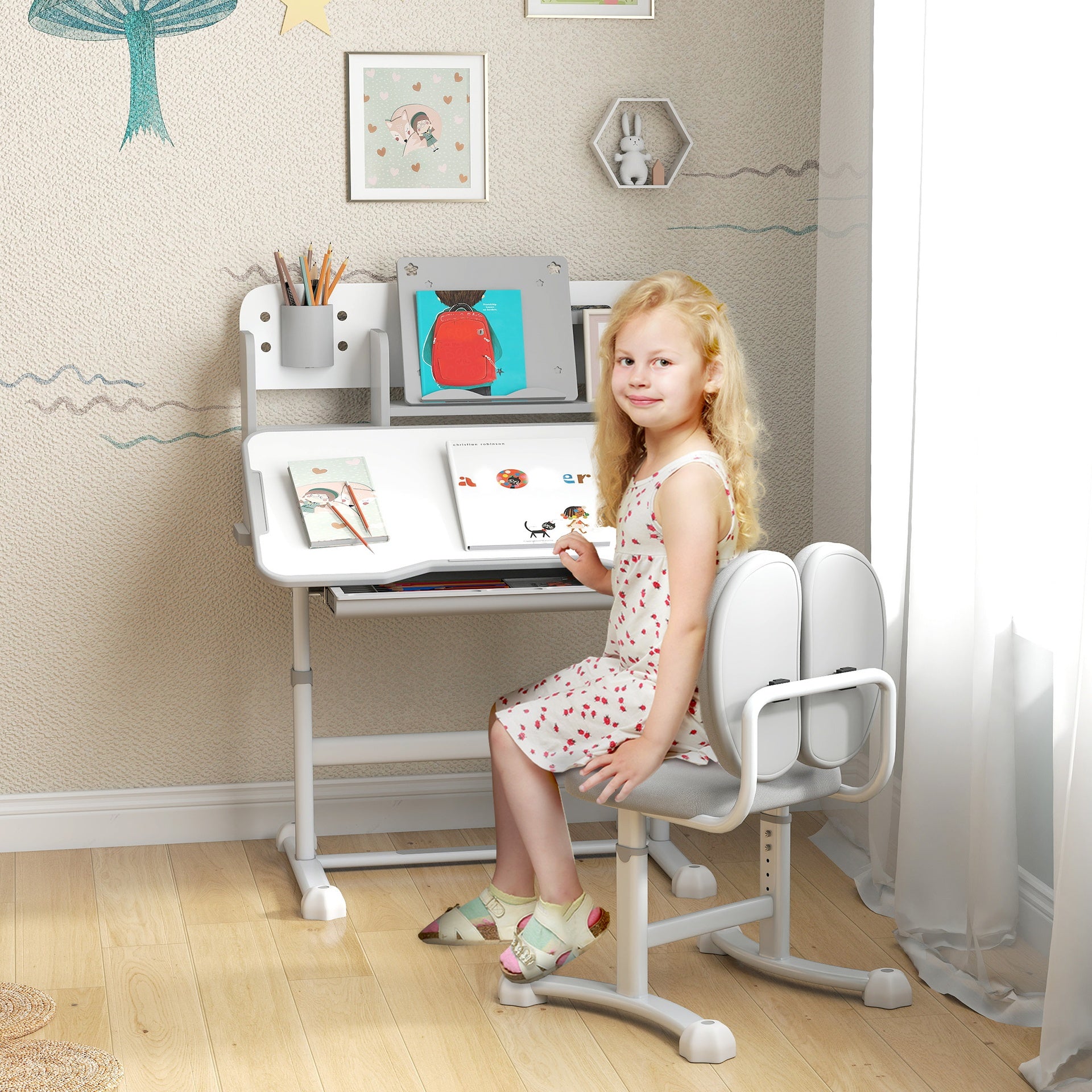 Qaba Height Adjustable Kids Desk and Chair Set for Writing Drawing w/ Tilt Desktop, Storage Drawer and Reading Rack, Gray