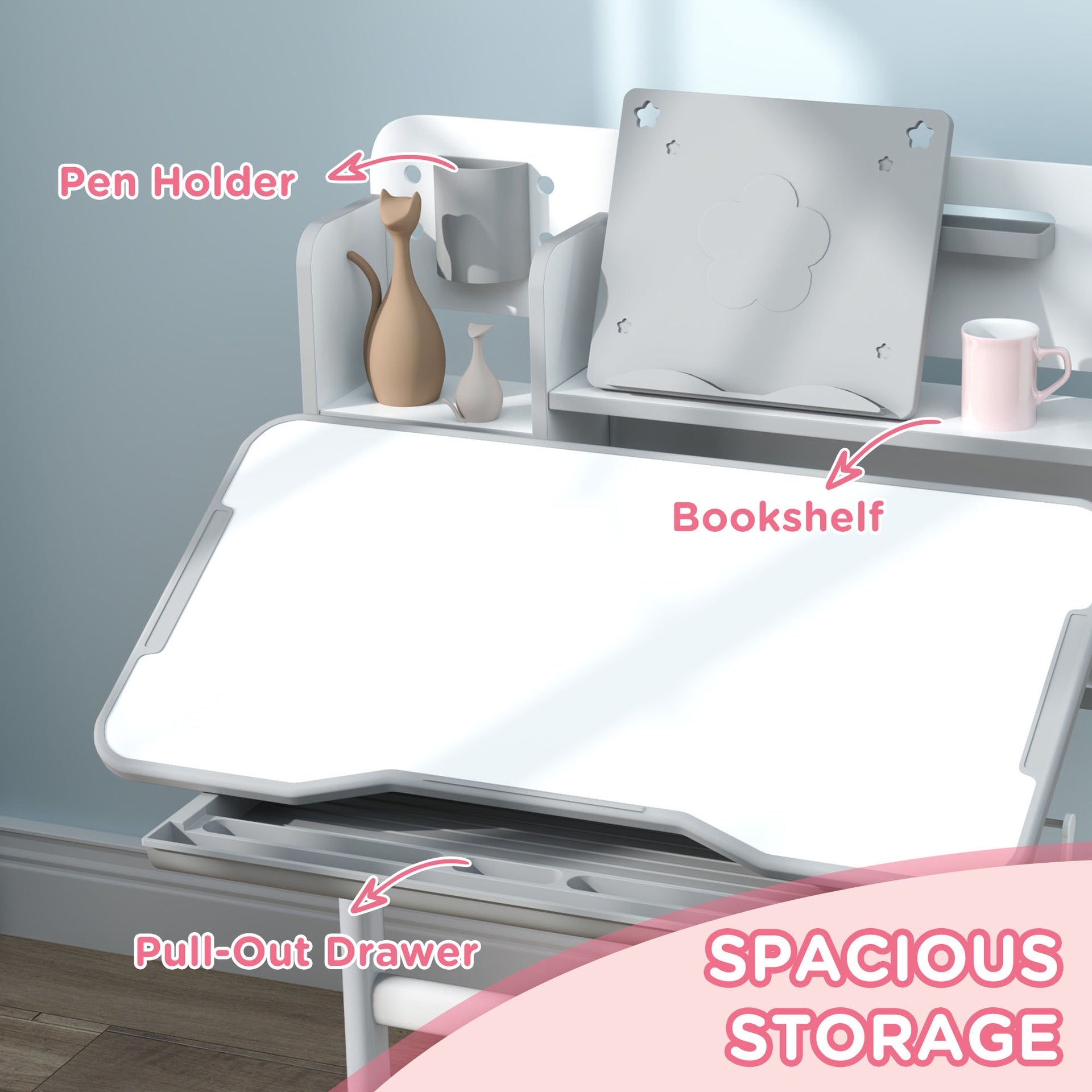 Qaba Height Adjustable Kids Desk and Chair Set for Writing Drawing w/ Tilt Desktop, Storage Drawer and Reading Rack, Gray