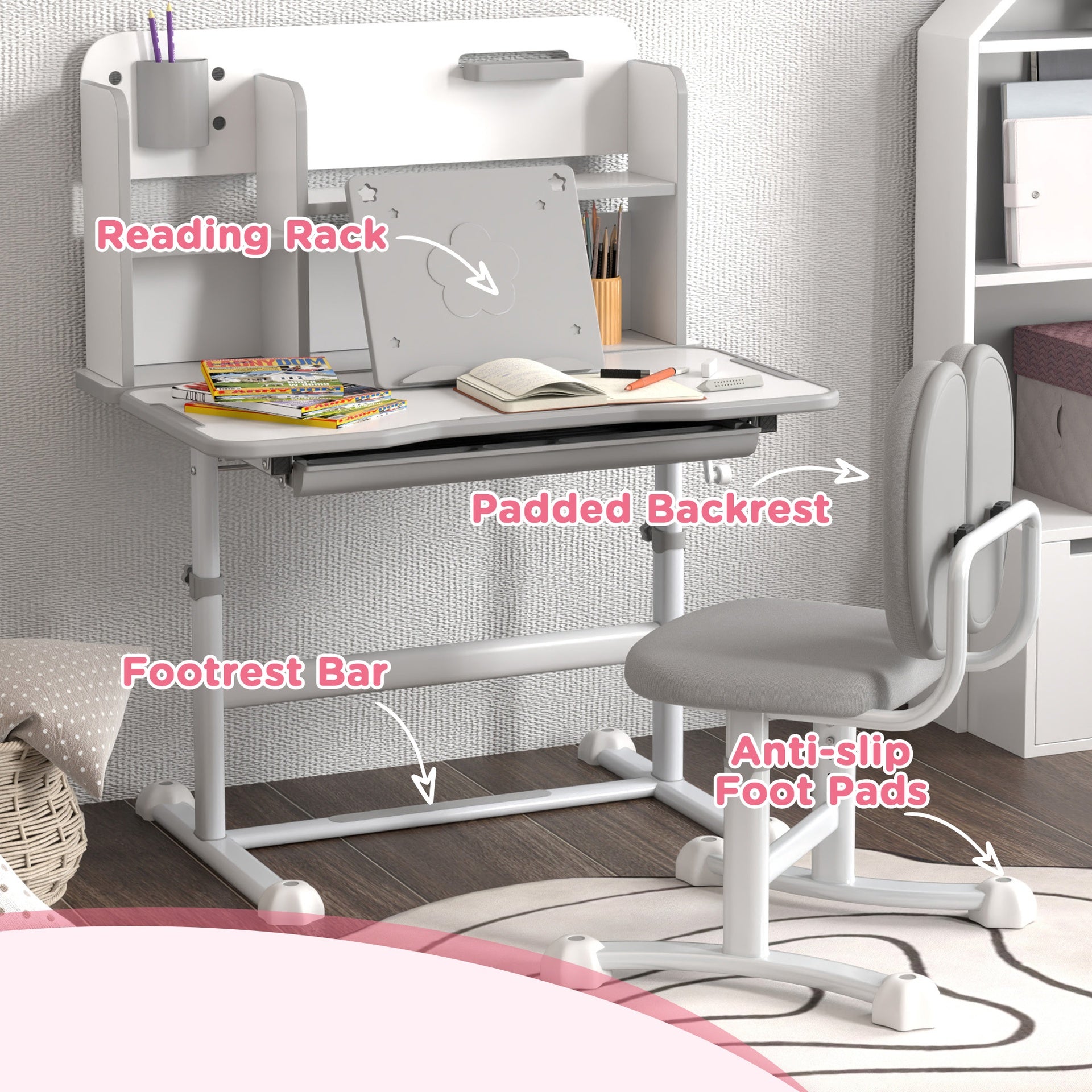 Qaba Height Adjustable Kids Desk and Chair Set for Writing Drawing w/ Tilt Desktop, Storage Drawer and Reading Rack, Gray