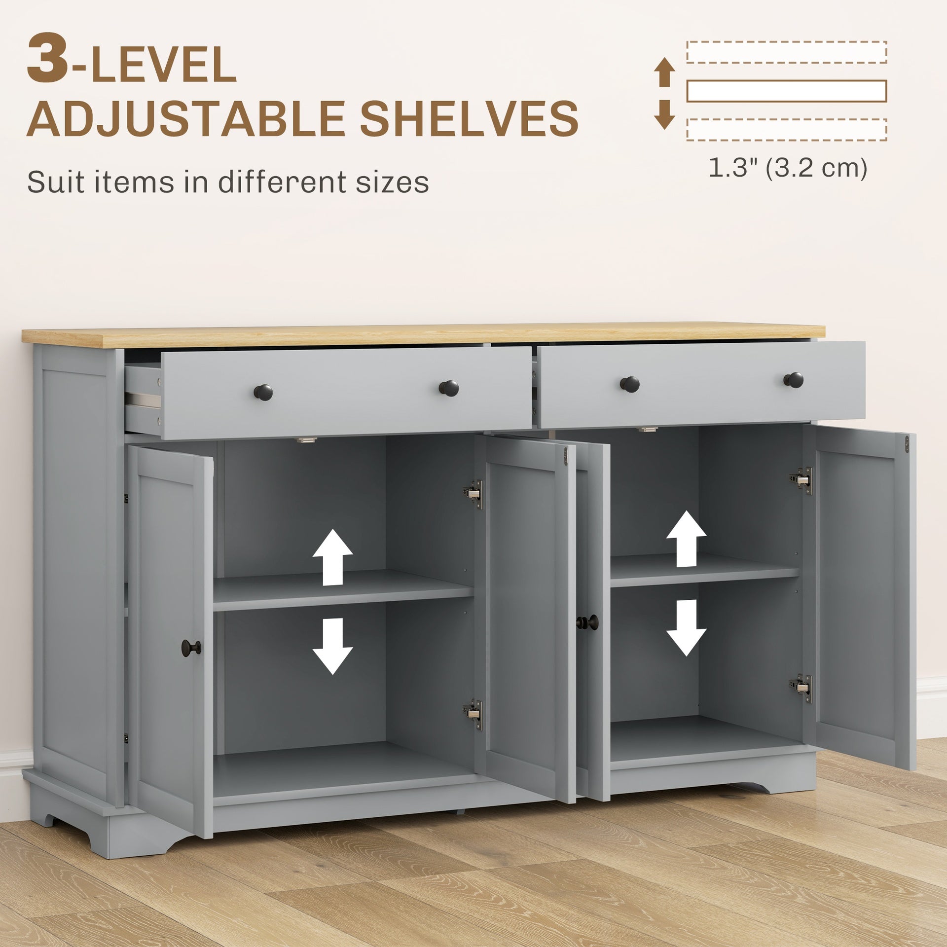 HOMCOM Modern Sideboard, Buffet Cabinet with Storage Drawers, Adjustable Shelves for Living Room, Dining Room, Entryway, Gray