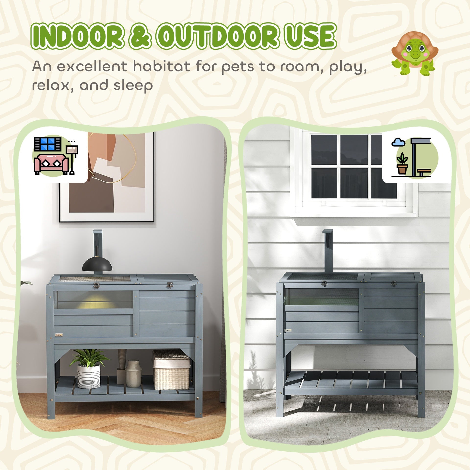 PawHut Tortoise Habitat with Shelf Storage Tortoise Gift Accessory with Weather Protection for Indoor, Gray