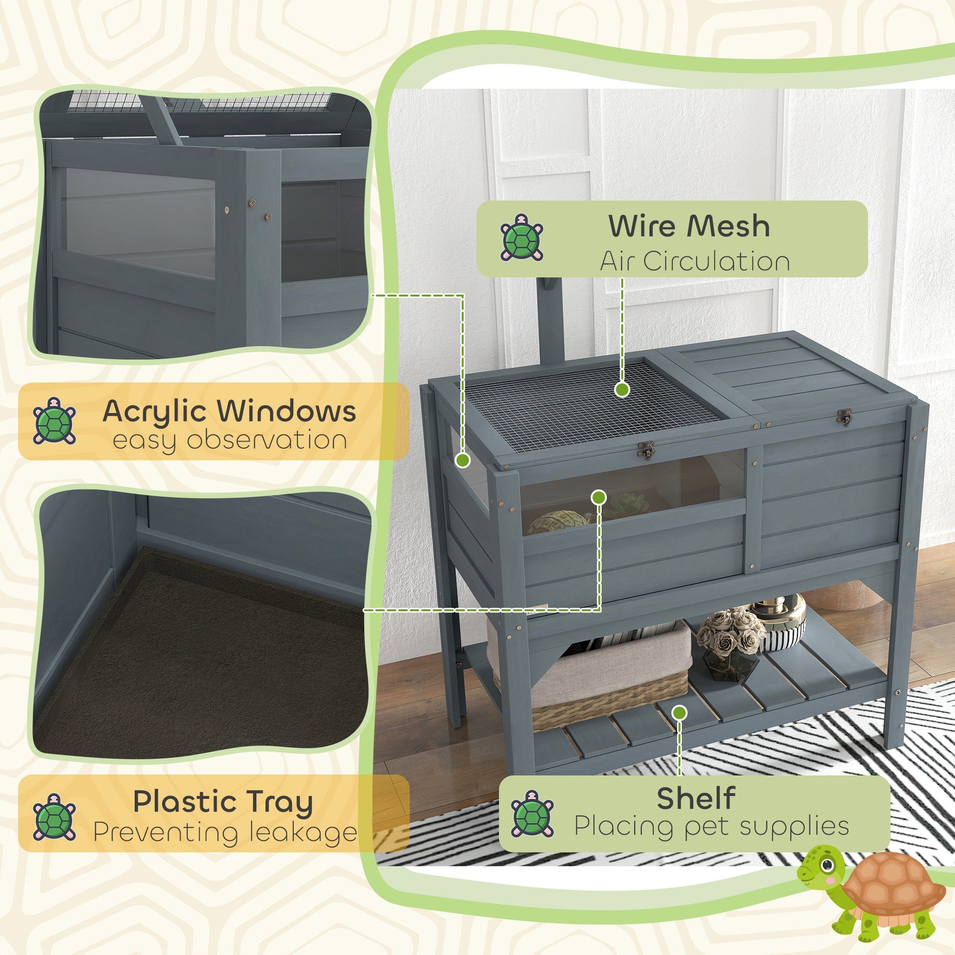 PawHut Tortoise Habitat with Shelf Storage Tortoise Gift Accessory with Weather Protection for Indoor, Gray