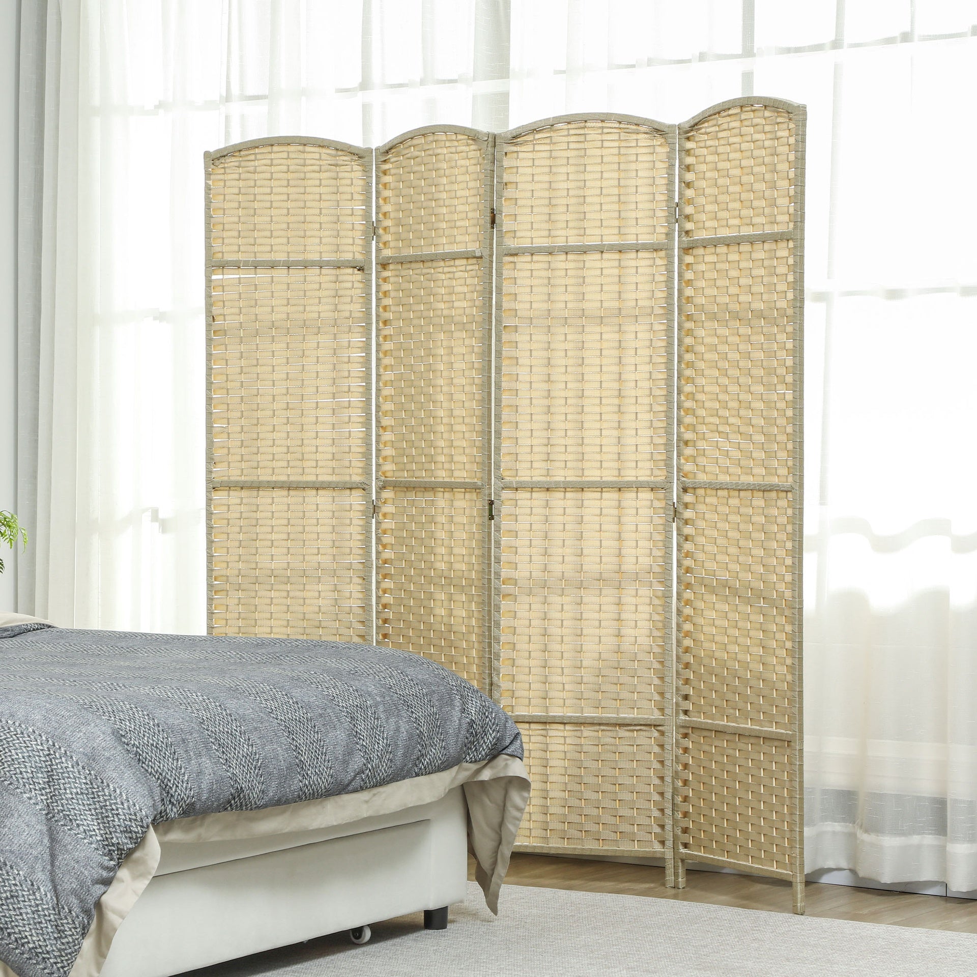 HOMCOM Folding Room Divider Screen 4 Panel 5.6 ' Tall Privacy Screen Freestanding Room Partition for Home Office, Beige