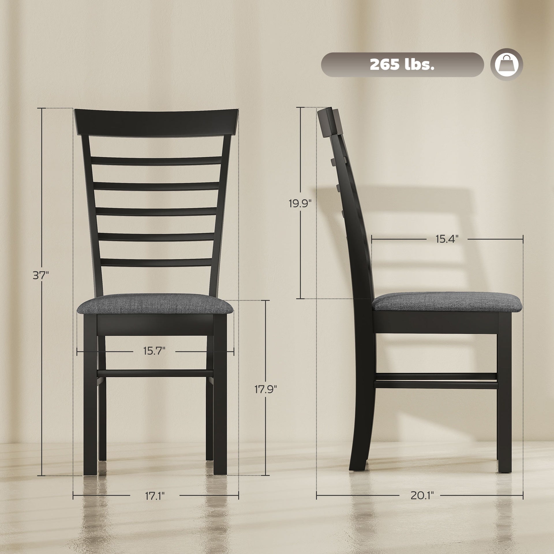 HOMCOM Wooden Dining Chairs Set of 2, Farmhouse Upholstered Kitchen Chairs with Rubber Wood Frame, Black and Gray