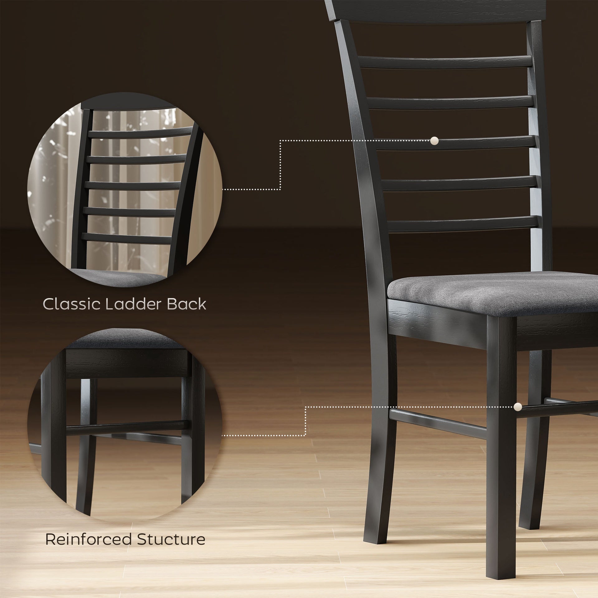 HOMCOM Wooden Dining Chairs Set of 2, Farmhouse Upholstered Kitchen Chairs with Rubber Wood Frame, Black and Gray