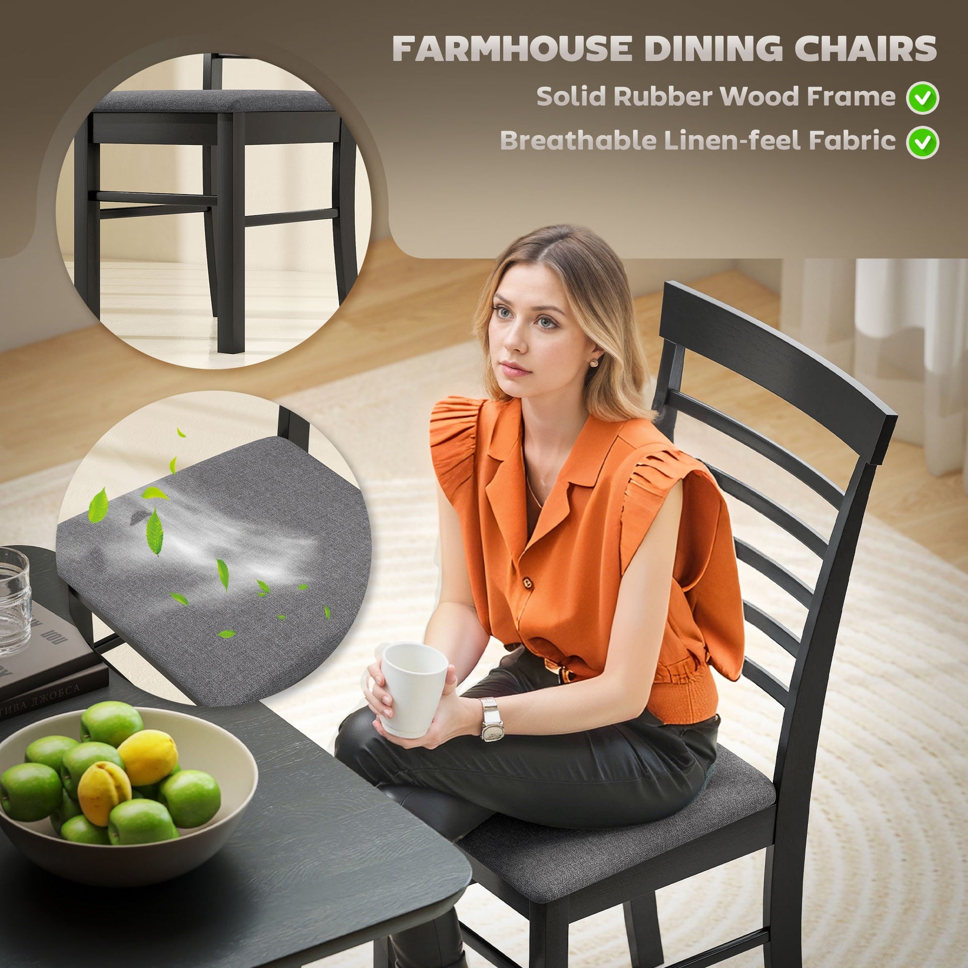 HOMCOM Wooden Dining Chairs Set of 2, Farmhouse Upholstered Kitchen Chairs with Rubber Wood Frame, Black and Gray