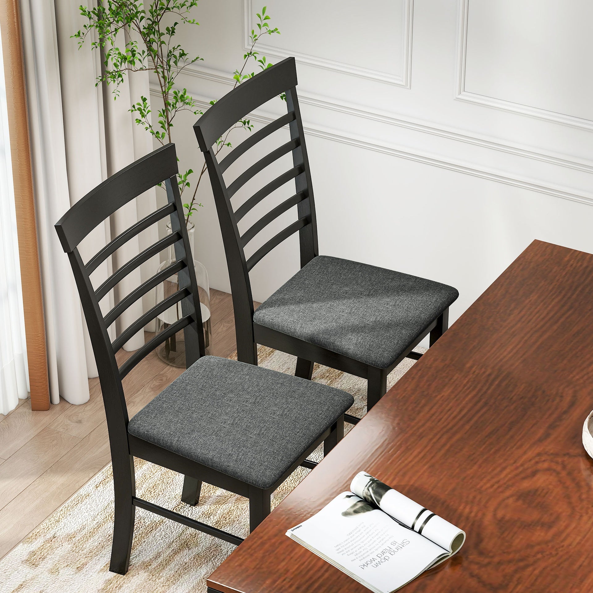 HOMCOM Wooden Dining Chairs Set of 2, Farmhouse Upholstered Kitchen Chairs with Rubber Wood Frame, Black and Gray