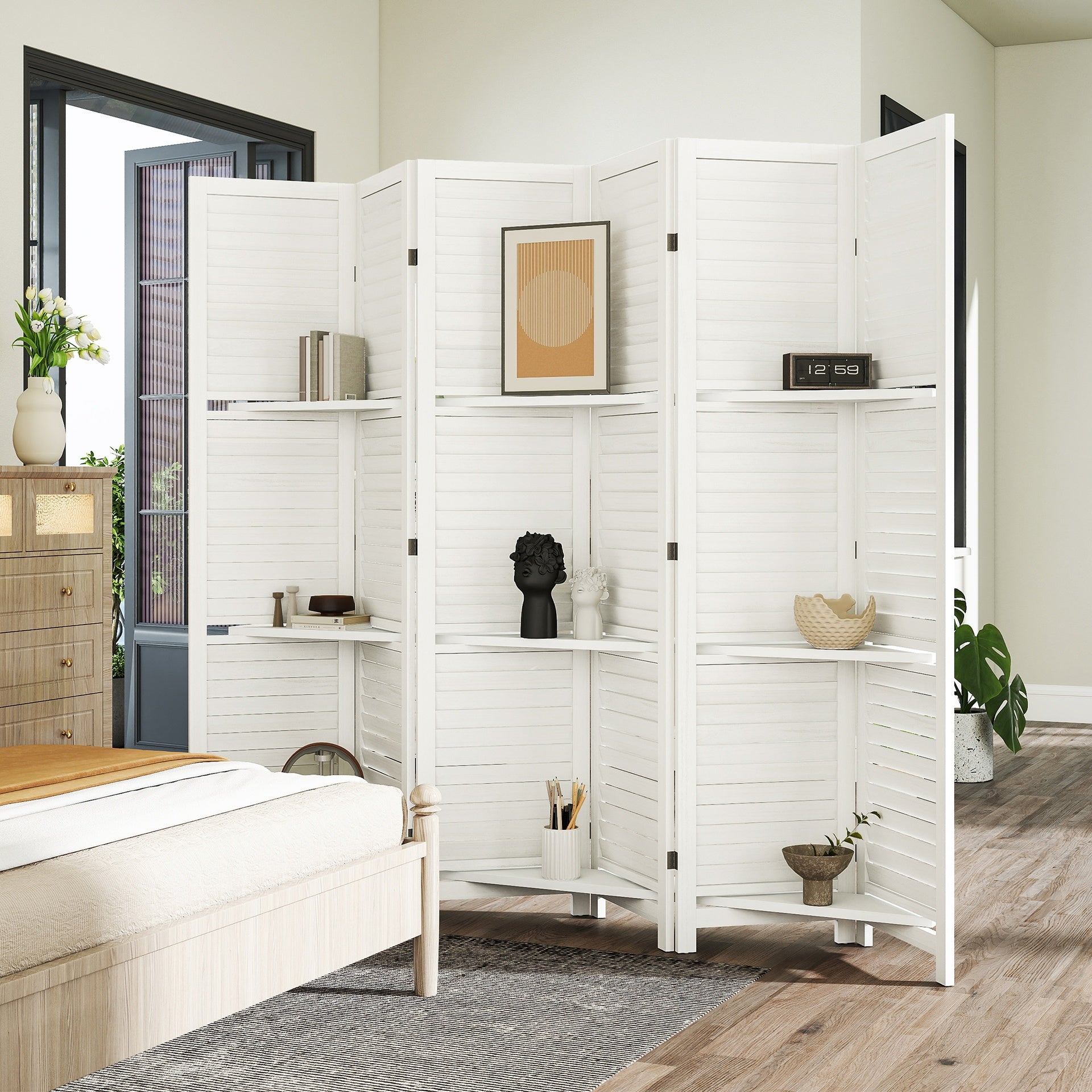 HOMCOM 6 Panel 67" Tall Wood Privacy Screen Room Divider with 3 Shelves and Folding Storage for Bedroom, White