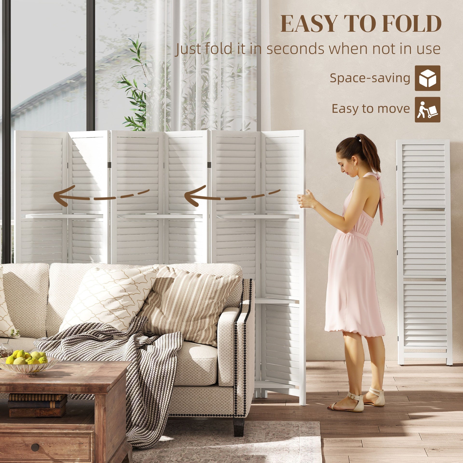 HOMCOM 6 Panel 67" Tall Wood Privacy Screen Room Divider with 3 Shelves and Folding Storage for Bedroom, White