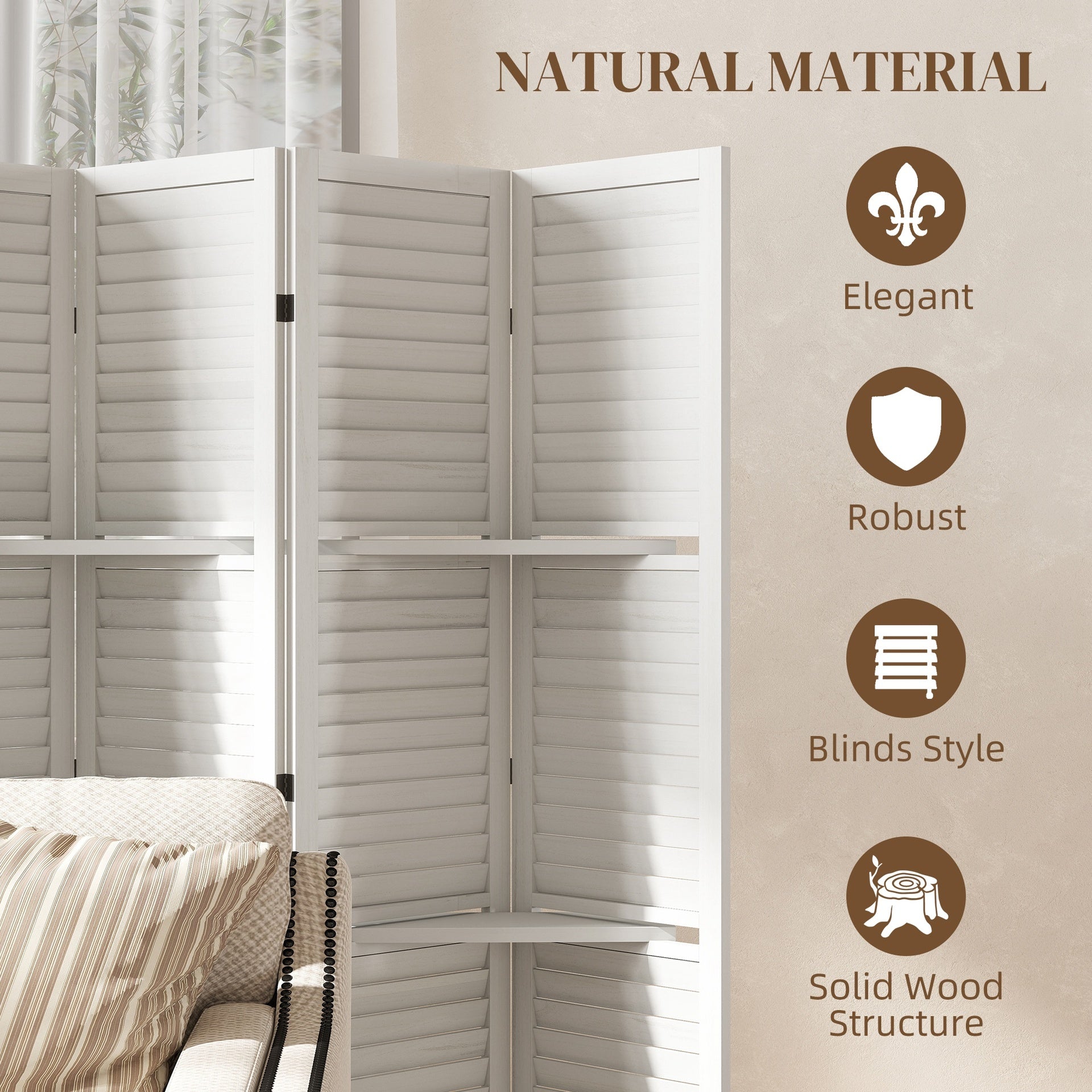 HOMCOM 6 Panel 67" Tall Wood Privacy Screen Room Divider with 3 Shelves and Folding Storage for Bedroom, White