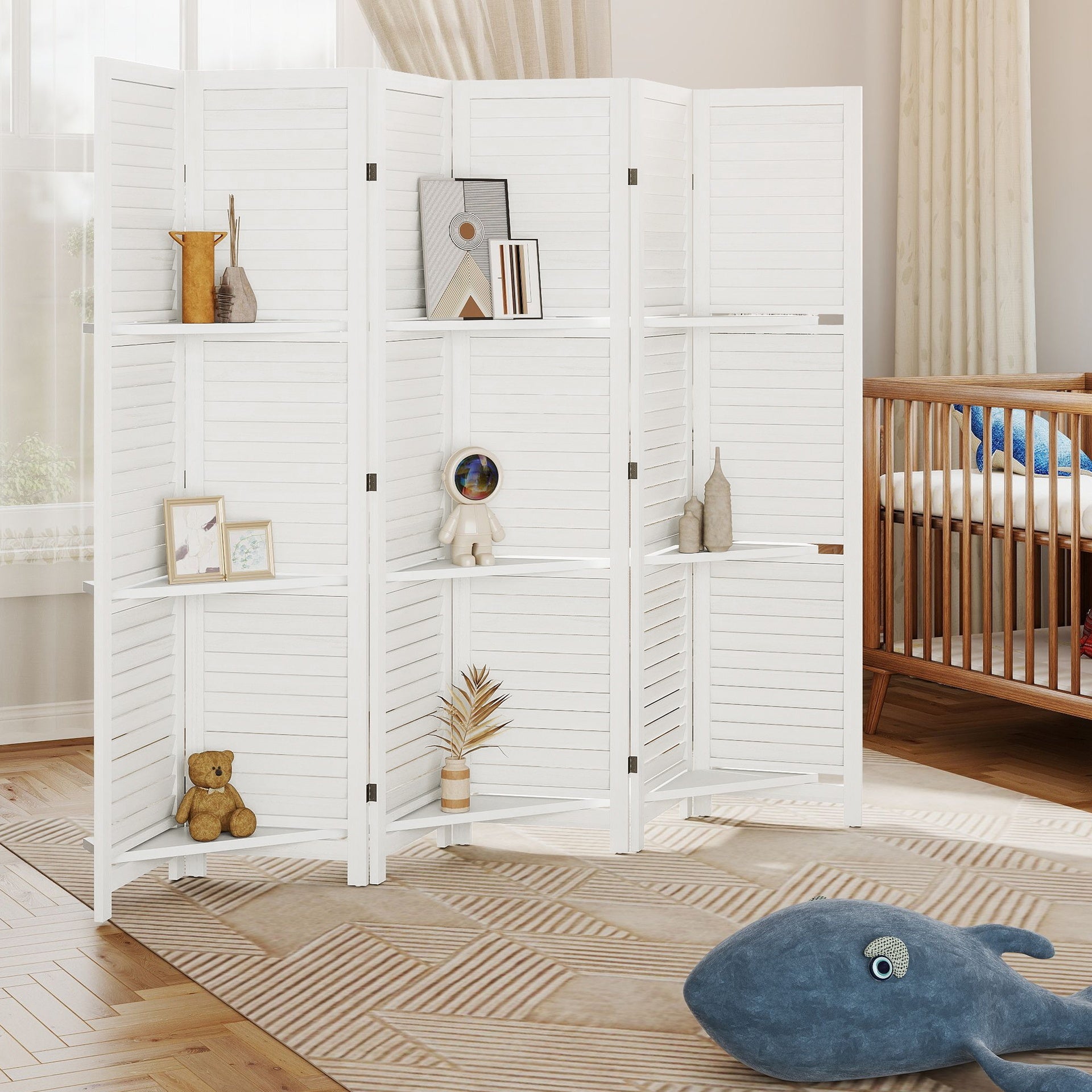 HOMCOM 6 Panel 67" Tall Wood Privacy Screen Room Divider with 3 Shelves and Folding Storage for Bedroom, White